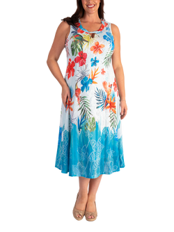 chesca Tropical Jacquard Sleeveless Mesh Dress, White/Azure, White/Azure