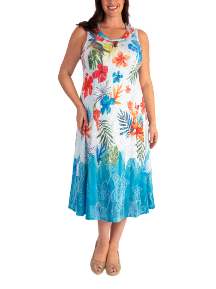 chesca Tropical Jacquard Sleeveless Mesh Dress, White/Azure, White/Azure