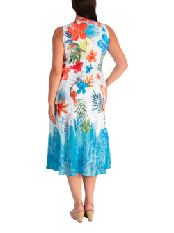 chesca Tropical Jacquard Sleeveless Mesh Dress, White/Azure - view 2, White/Azure