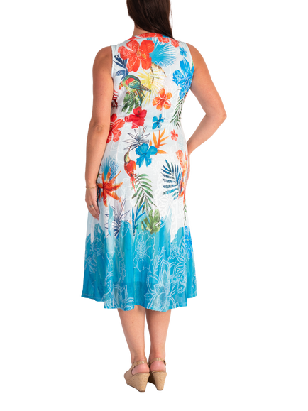 chesca Tropical Jacquard Sleeveless Mesh Dress, White/Azure - view 2, White/Azure