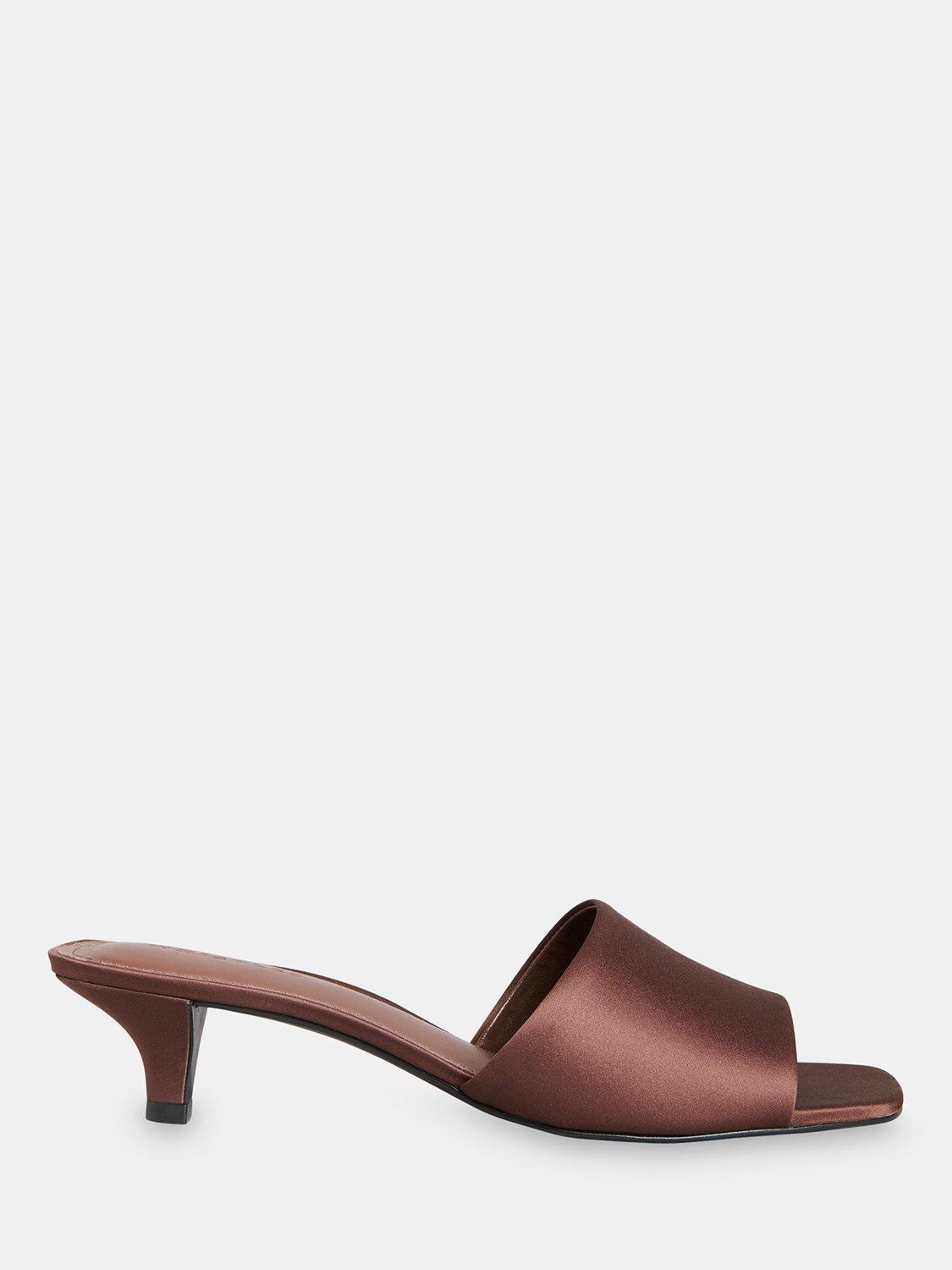 Product image 1 of 4, which shows Whistles Satin Slip On Heeled Mules, Brown, 3