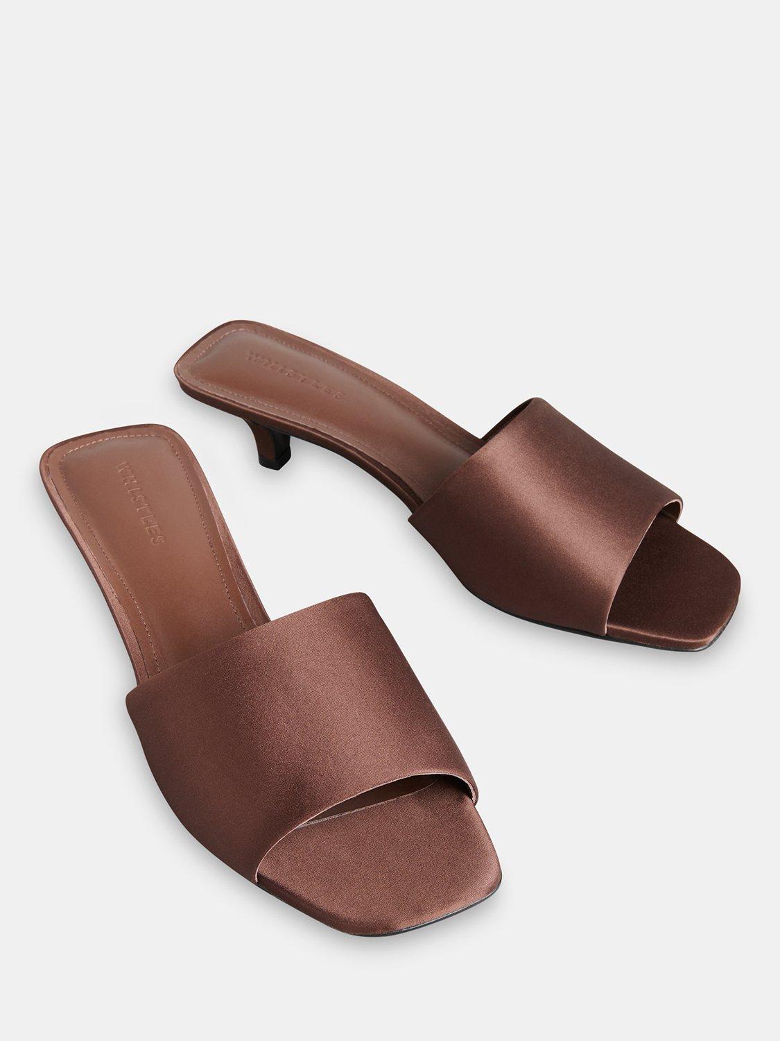 Product image 3 of 4, which shows Whistles Satin Slip On Heeled Mules, Brown, 3