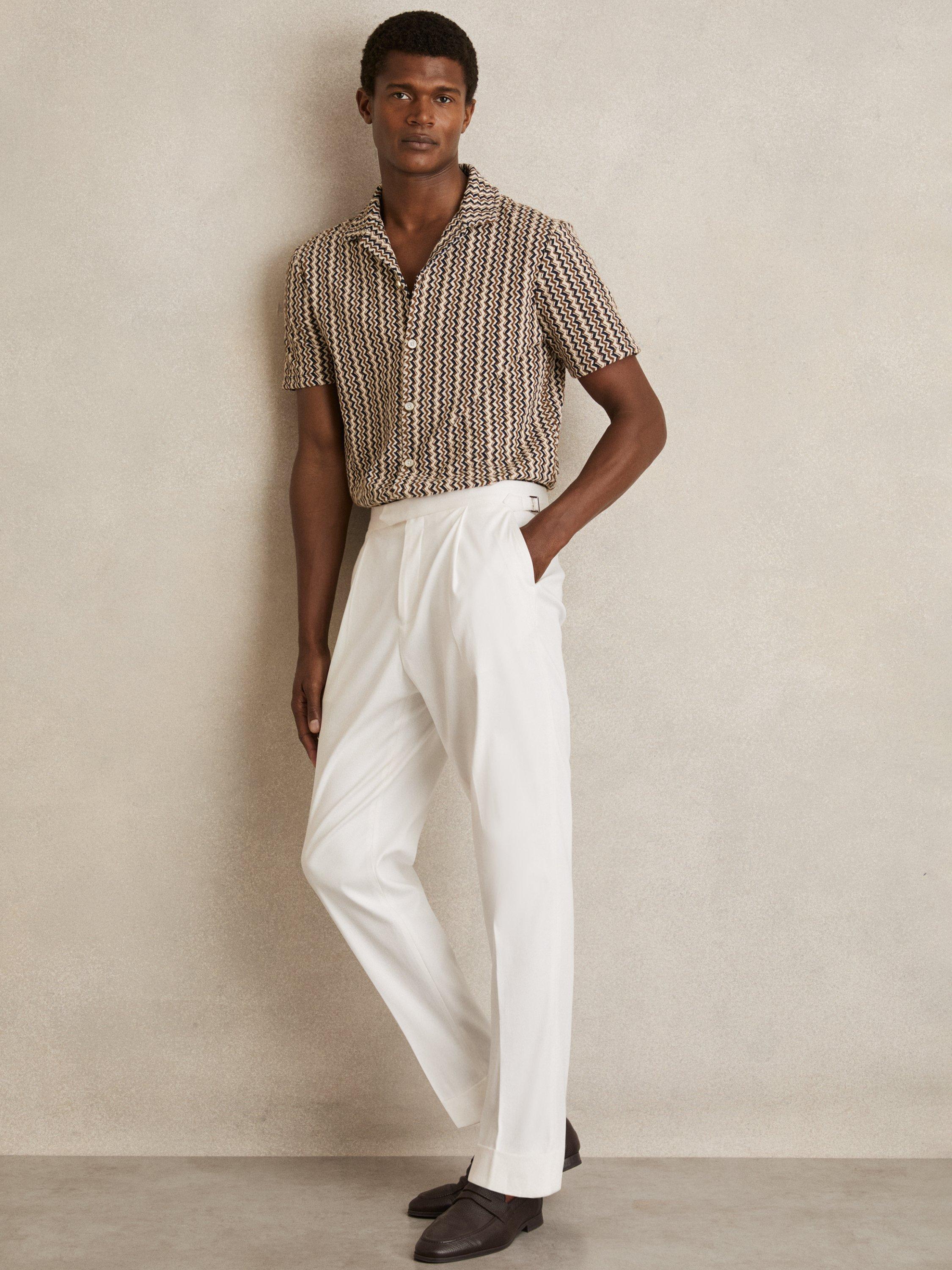 Product image 1 of 5, which shows Reiss Vallata Knitted Cuban Collar Zig Zag Shirt, Mid Brown, XS