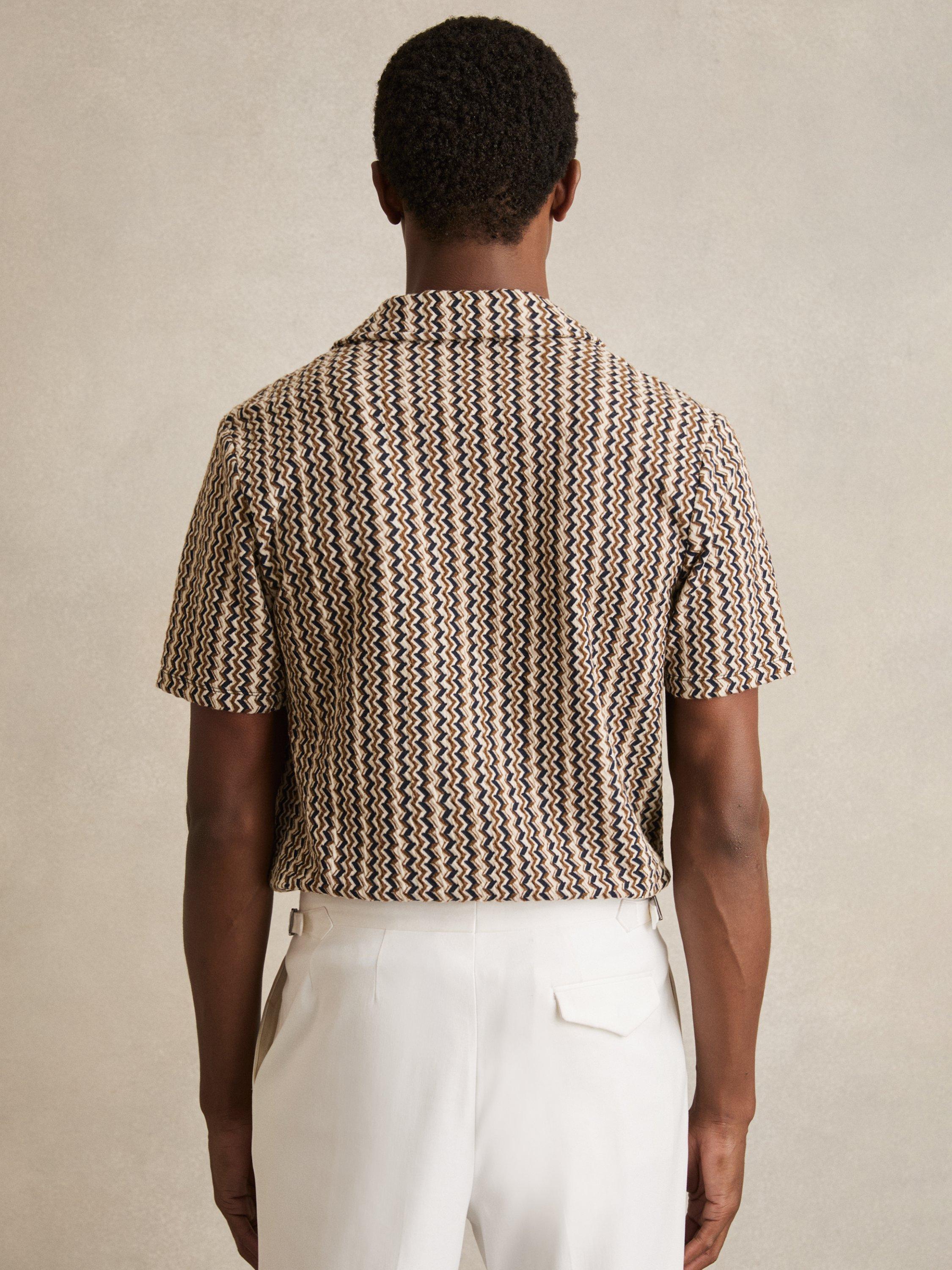 Product image 2 of 5, which shows Reiss Vallata Knitted Cuban Collar Zig Zag Shirt, Mid Brown, XS