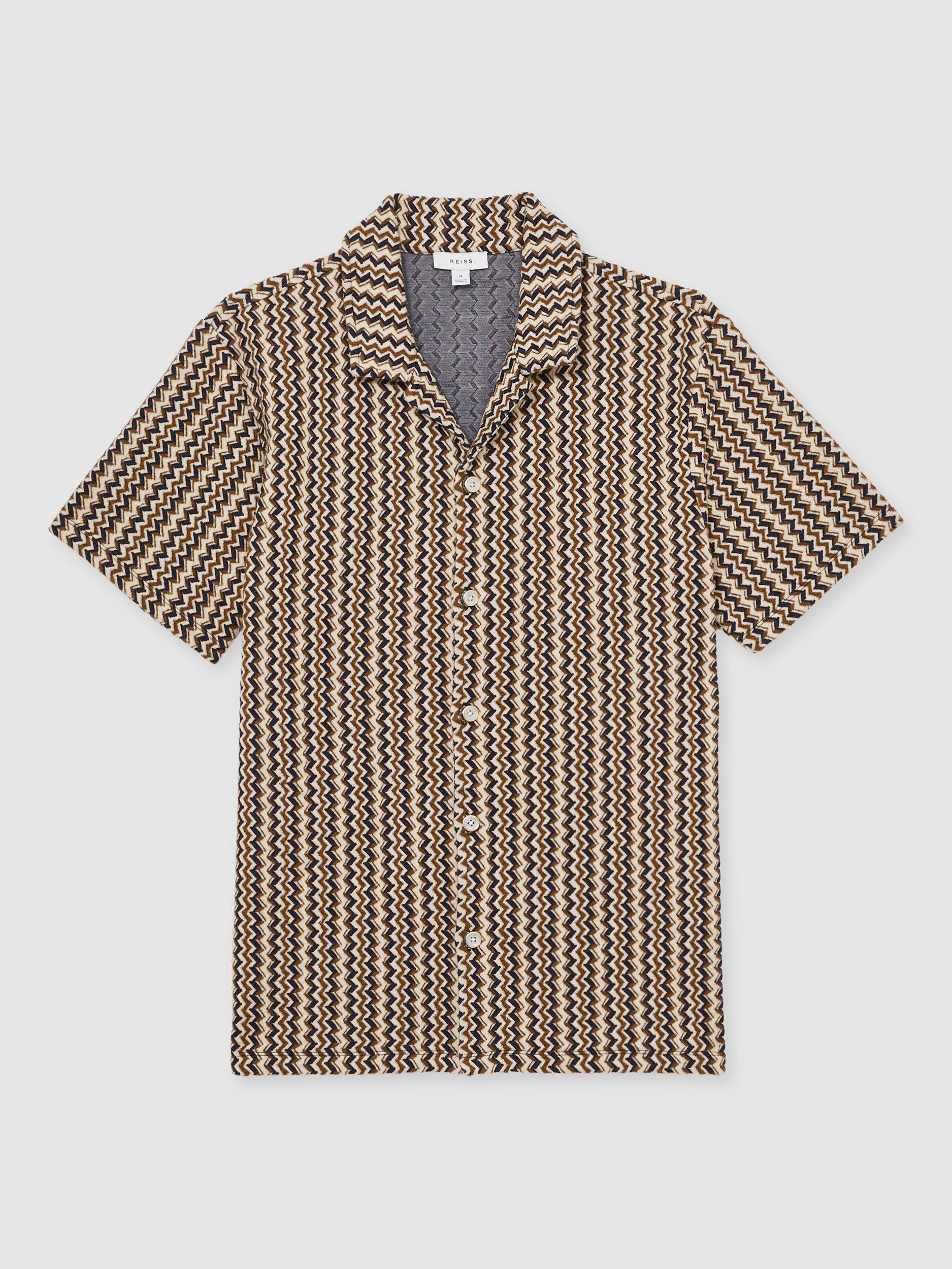 Product image 3 of 5, which shows Reiss Vallata Knitted Cuban Collar Zig Zag Shirt, Mid Brown, XS