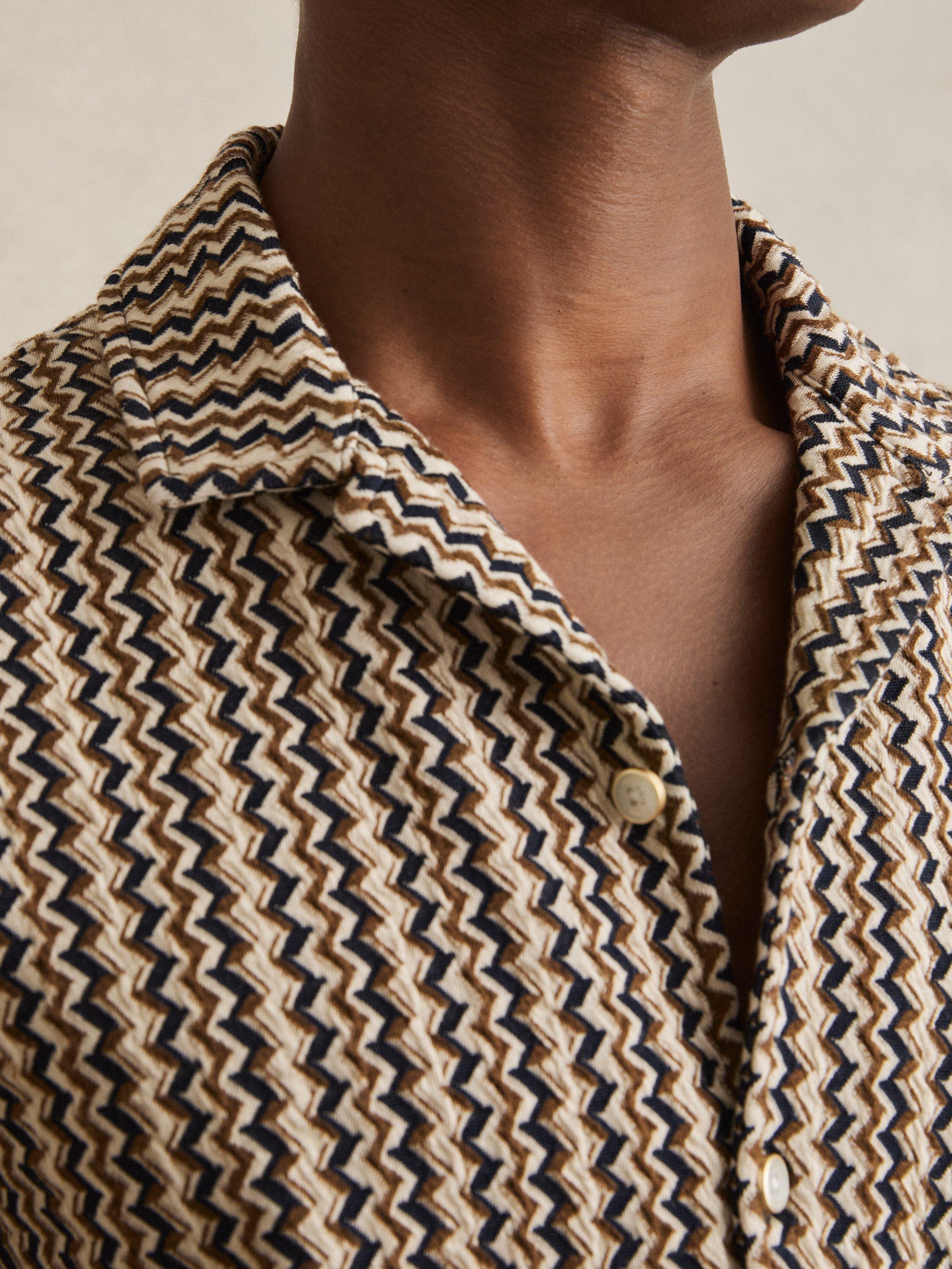 Product image 4 of 5, which shows Reiss Vallata Knitted Cuban Collar Zig Zag Shirt, Mid Brown, XS