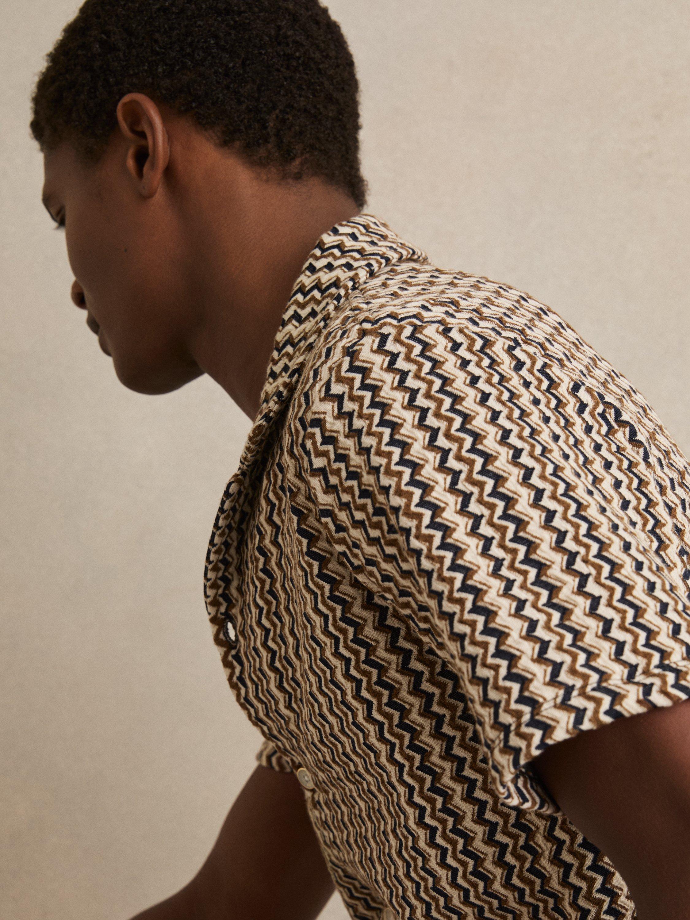 Product image 5 of 5, which shows Reiss Vallata Knitted Cuban Collar Zig Zag Shirt, Mid Brown, XS