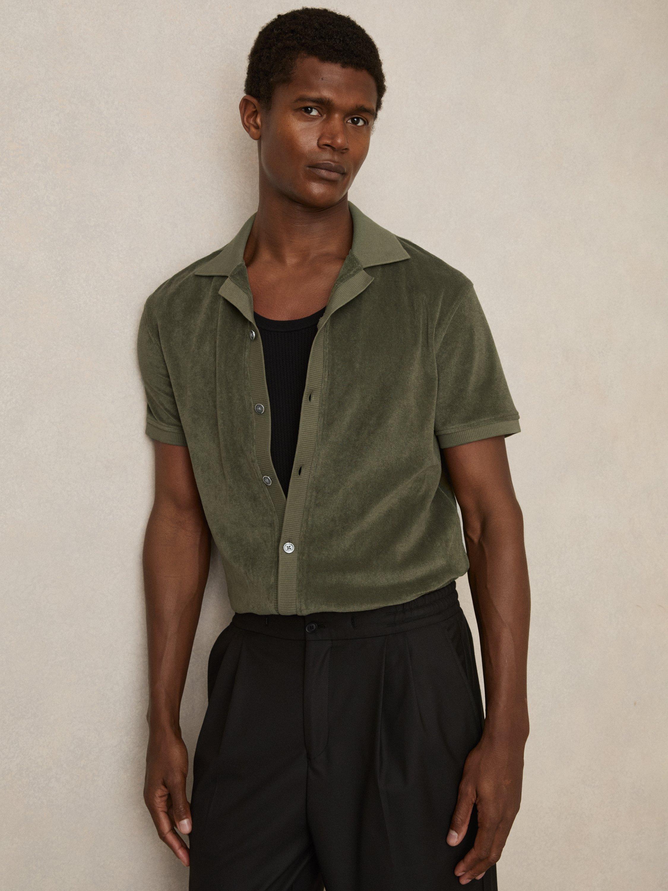 Product image 1 of 5, which shows Reiss Eden Cotton Blend Cuban Collar Shirt, Green, XS