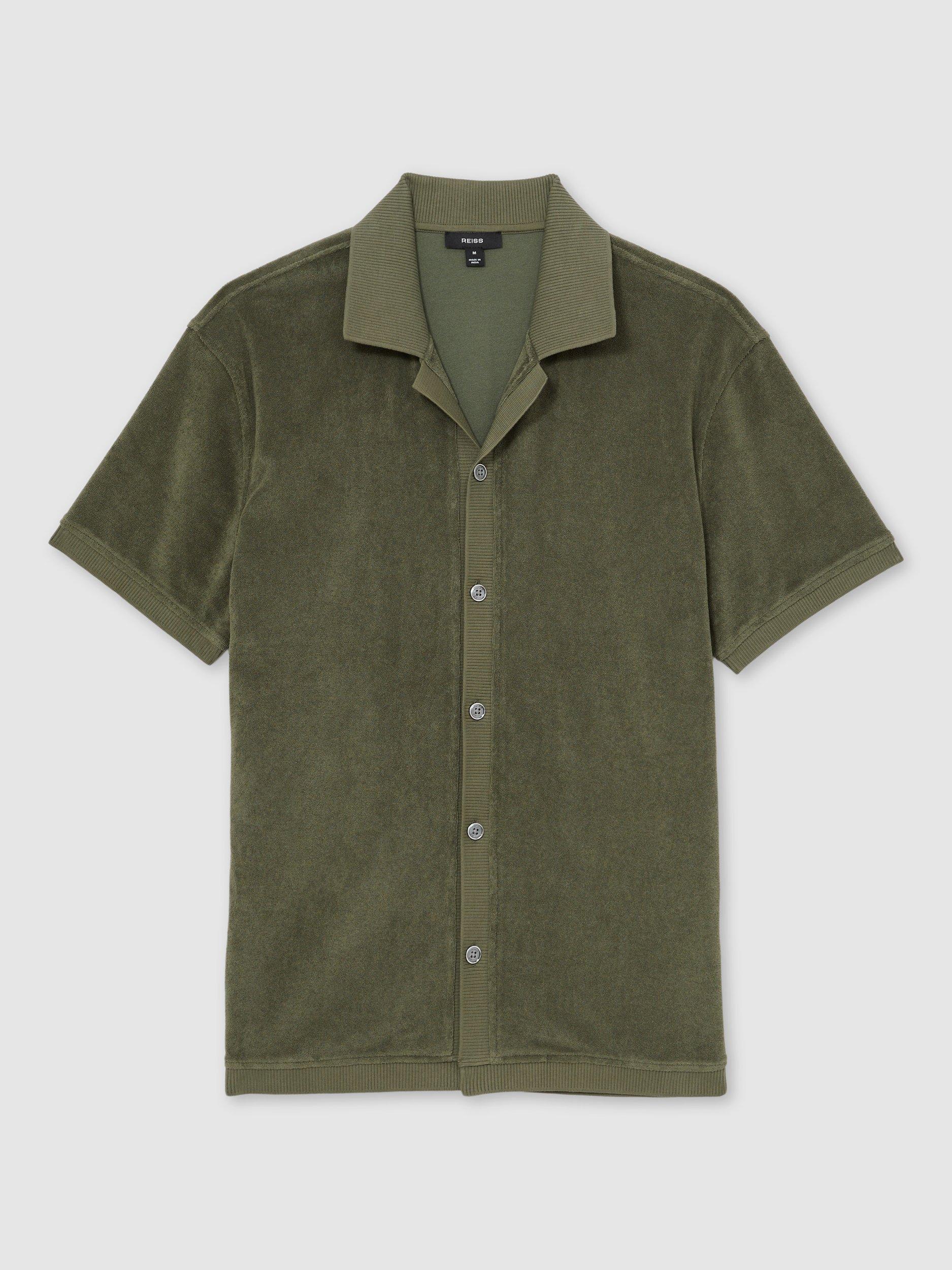 Product image 3 of 5, which shows Reiss Eden Cotton Blend Cuban Collar Shirt, Green, XS