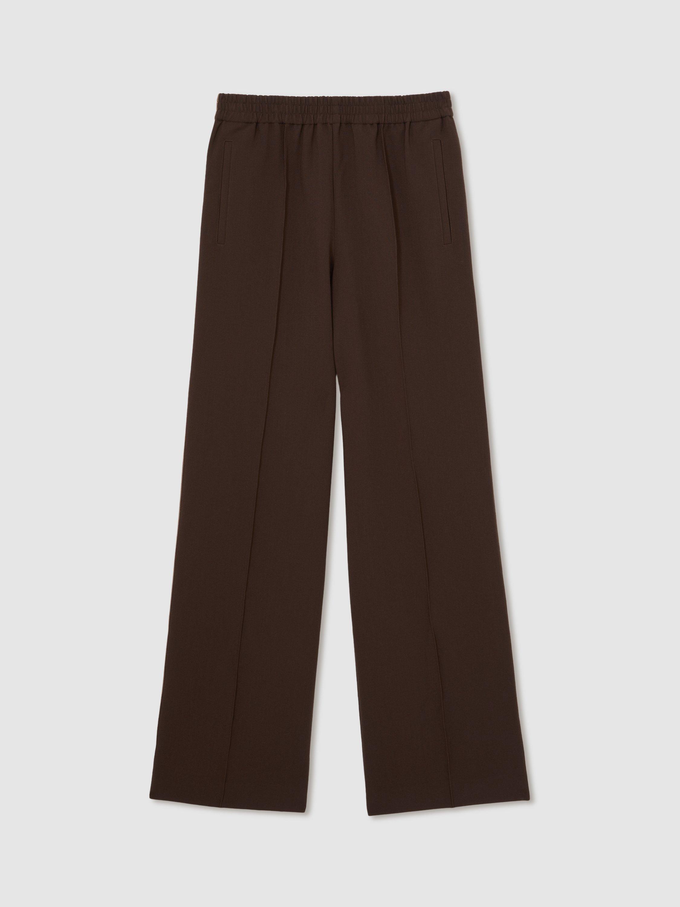 Product image 3 of 5, which shows Reiss Robyn Petite Side Stripe Mid Rise Mixed Blend Wide Leg Trousers, Chocolate Brown, 6Pt