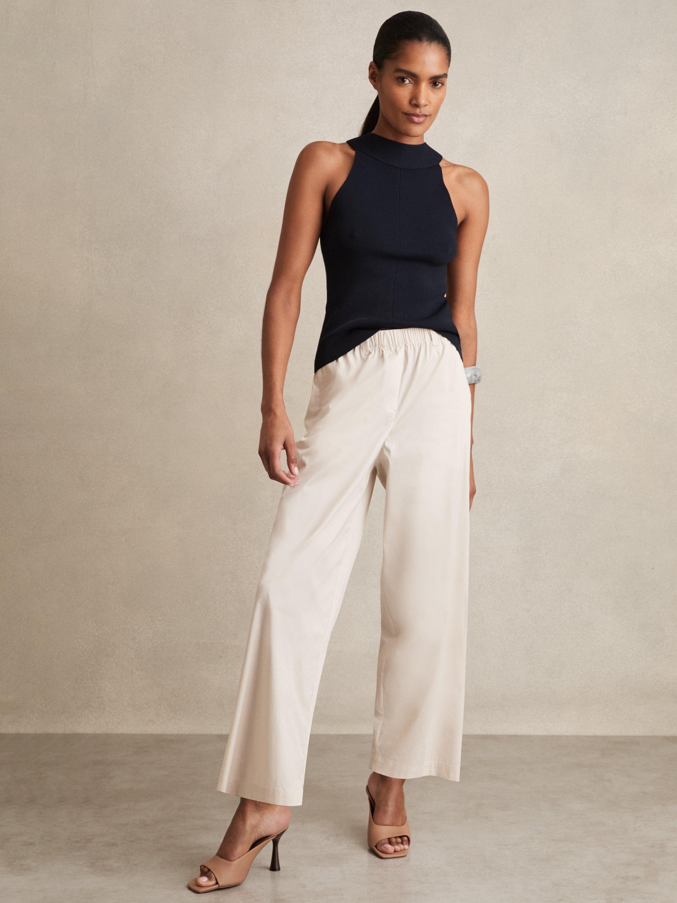 Product image 1 of 5, which shows Reiss Osbourne Cropped Cotton Blend Taper Trousers, Stone, 16