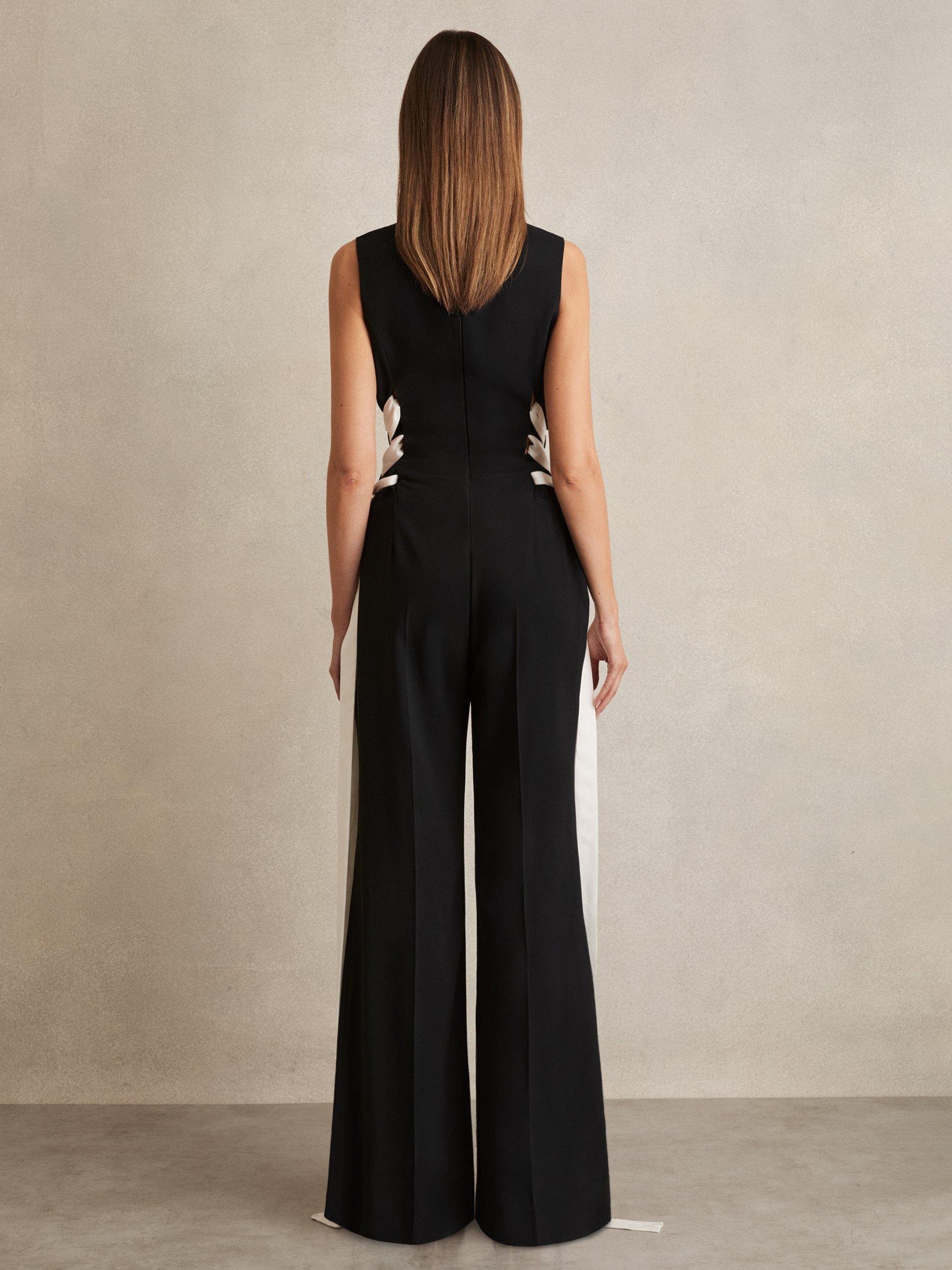 Product image 2 of 5, which shows Reiss Emma Ladder Trim Detail Sleeveless Wide-Leg Jumpsuit, Navy/White, 6