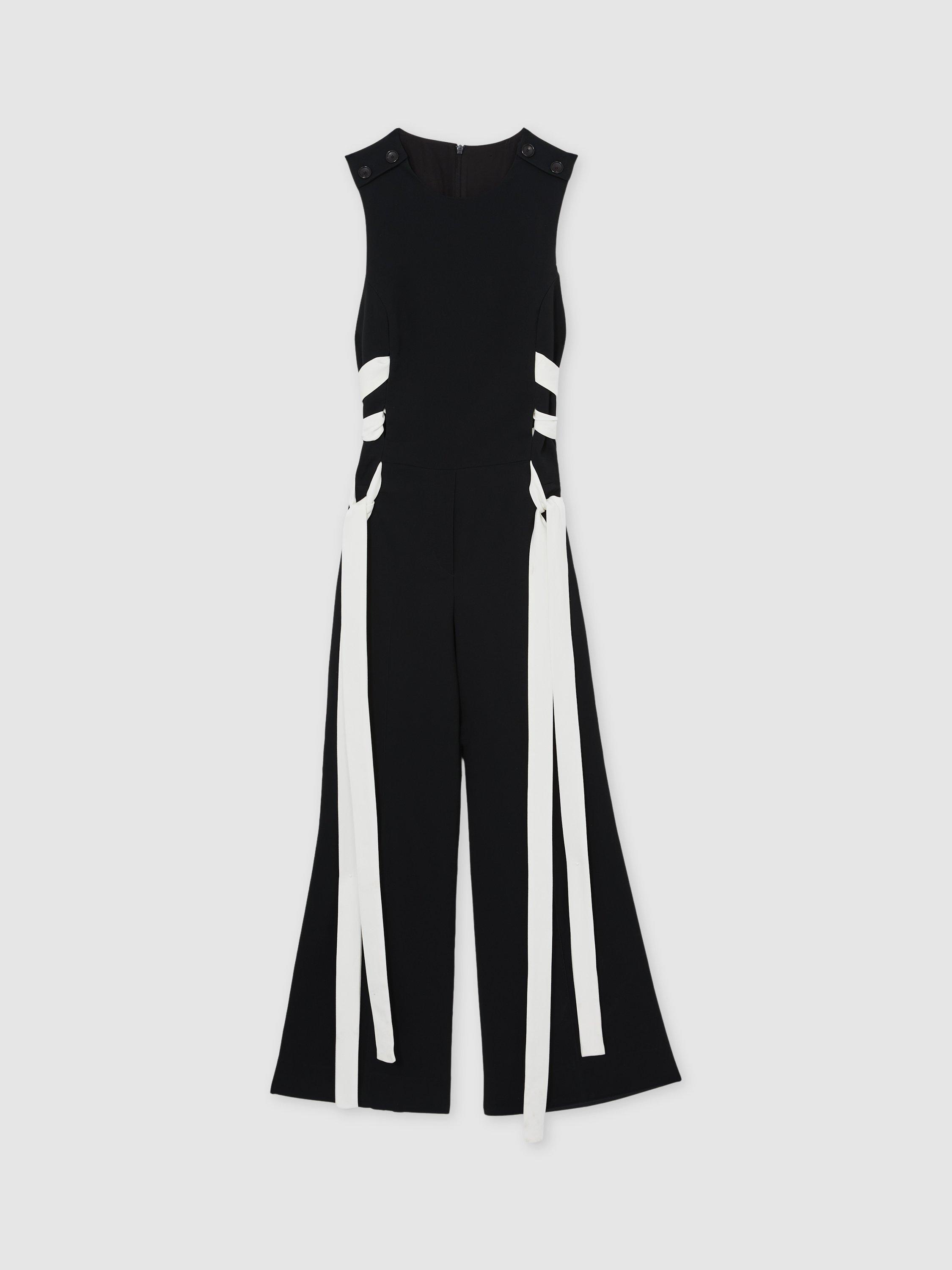 Product image 3 of 5, which shows Reiss Emma Ladder Trim Detail Sleeveless Wide-Leg Jumpsuit, Navy/White, 6