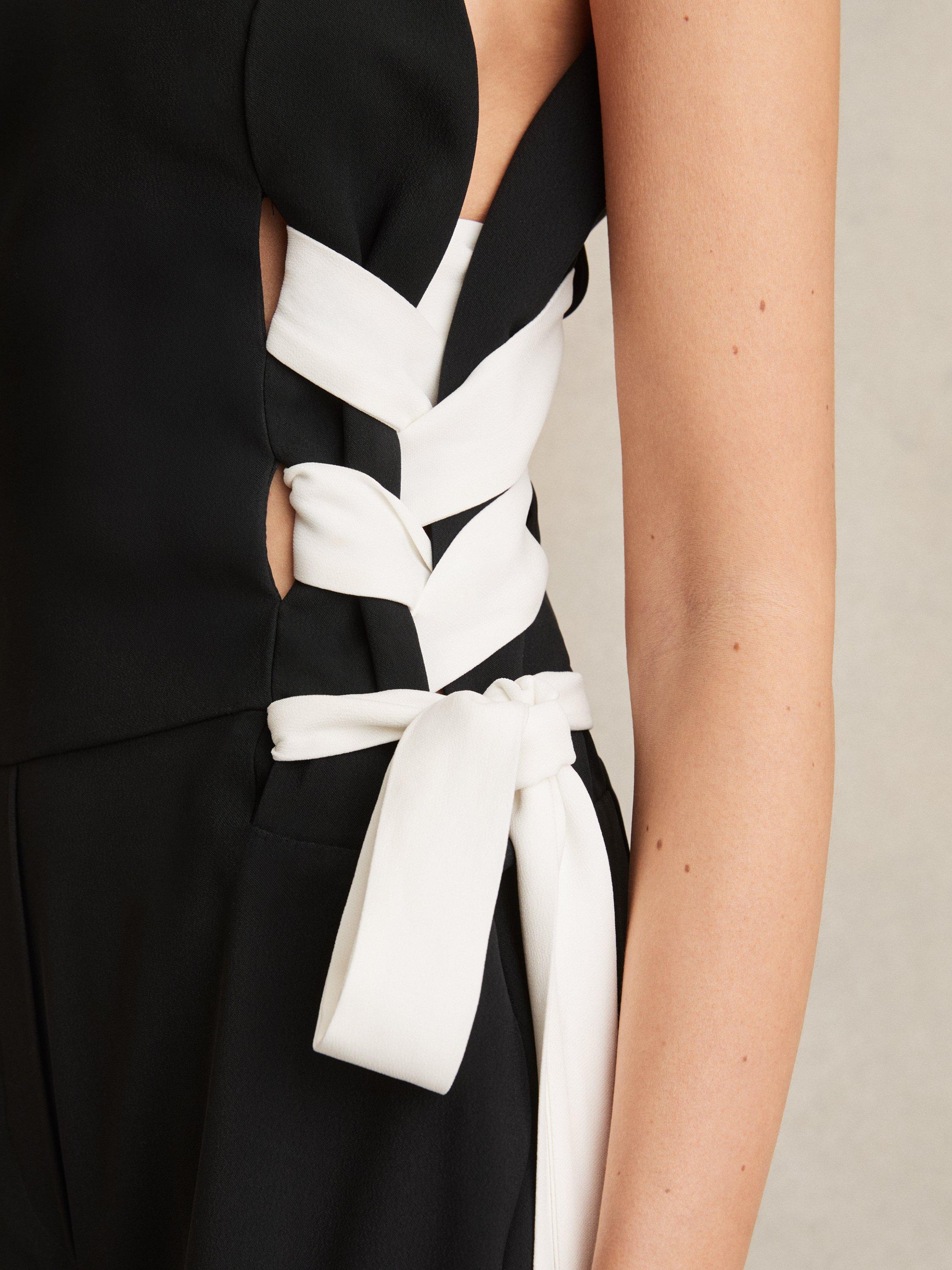 Product image 5 of 5, which shows Reiss Emma Ladder Trim Detail Sleeveless Wide-Leg Jumpsuit, Navy/White, 6