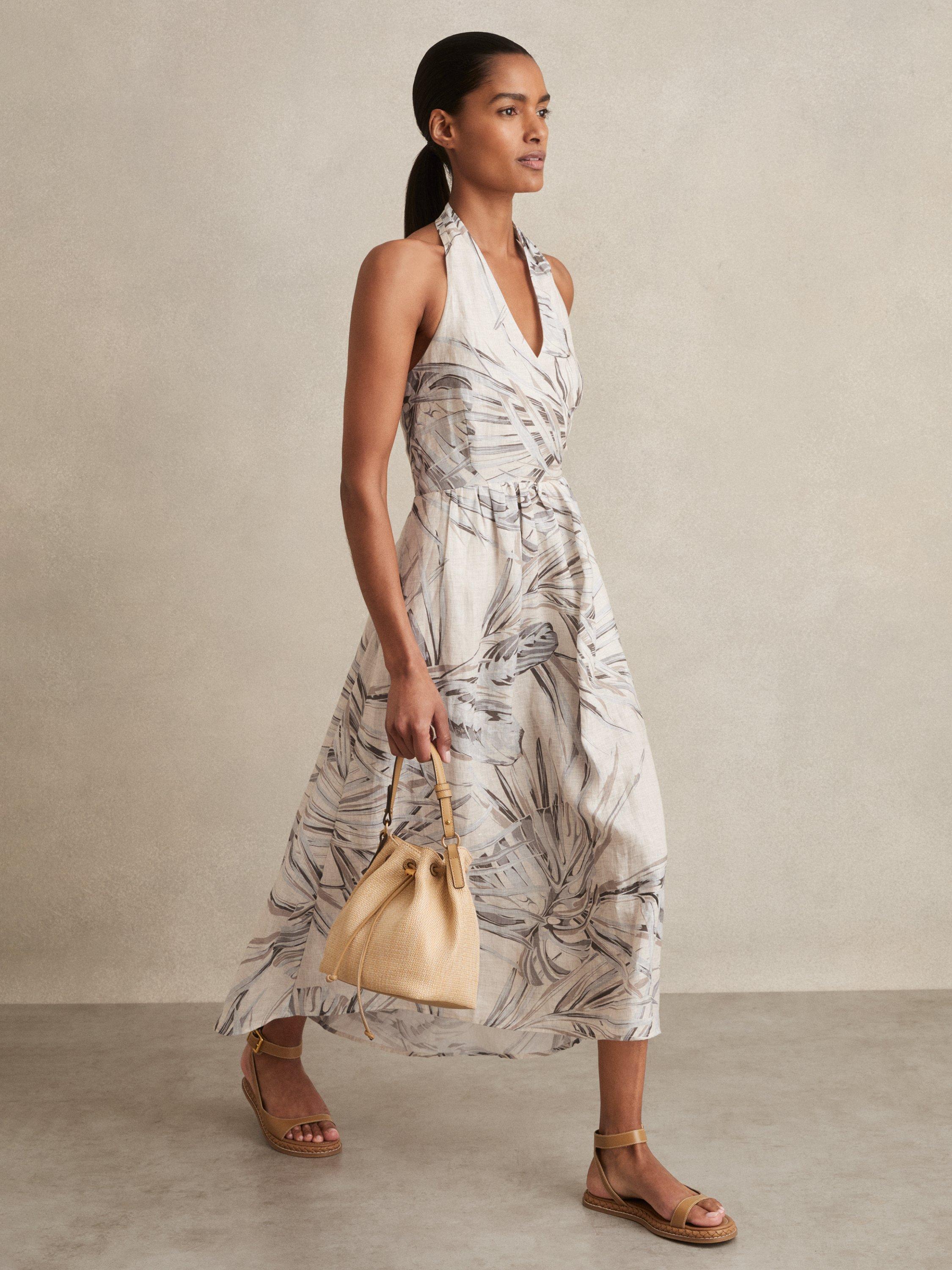 Product image 1 of 5, which shows Reiss Petite Carla Palm Print Halterneck Dress, Neutral, 8Pt