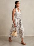 Reiss Petite Carla Palm Print Halterneck Dress, Neutral