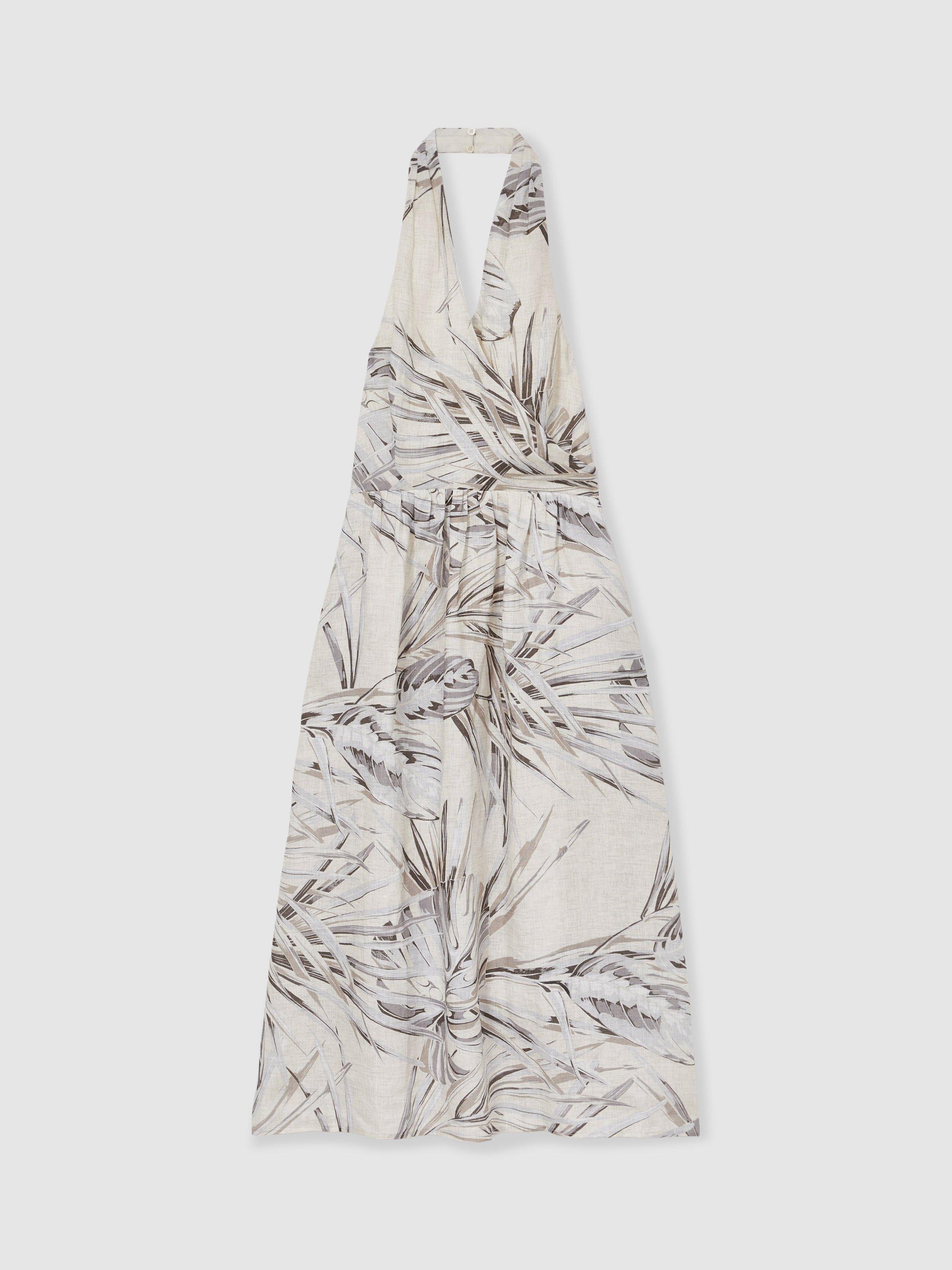 Product image 3 of 5, which shows Reiss Petite Carla Palm Print Halterneck Dress, Neutral, 8Pt