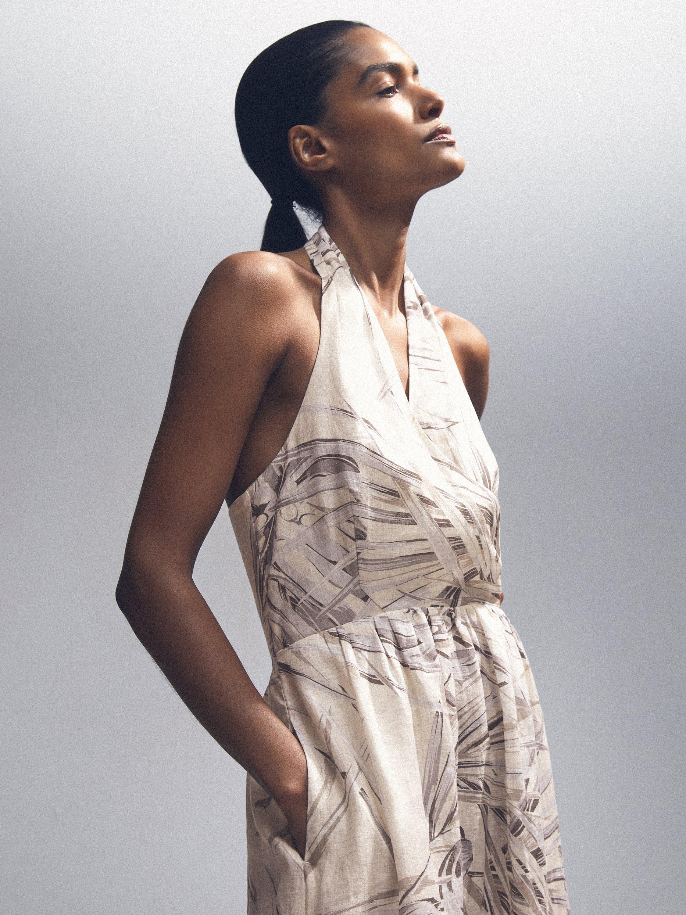 Product image 4 of 5, which shows Reiss Petite Carla Palm Print Halterneck Dress, Neutral, 8Pt
