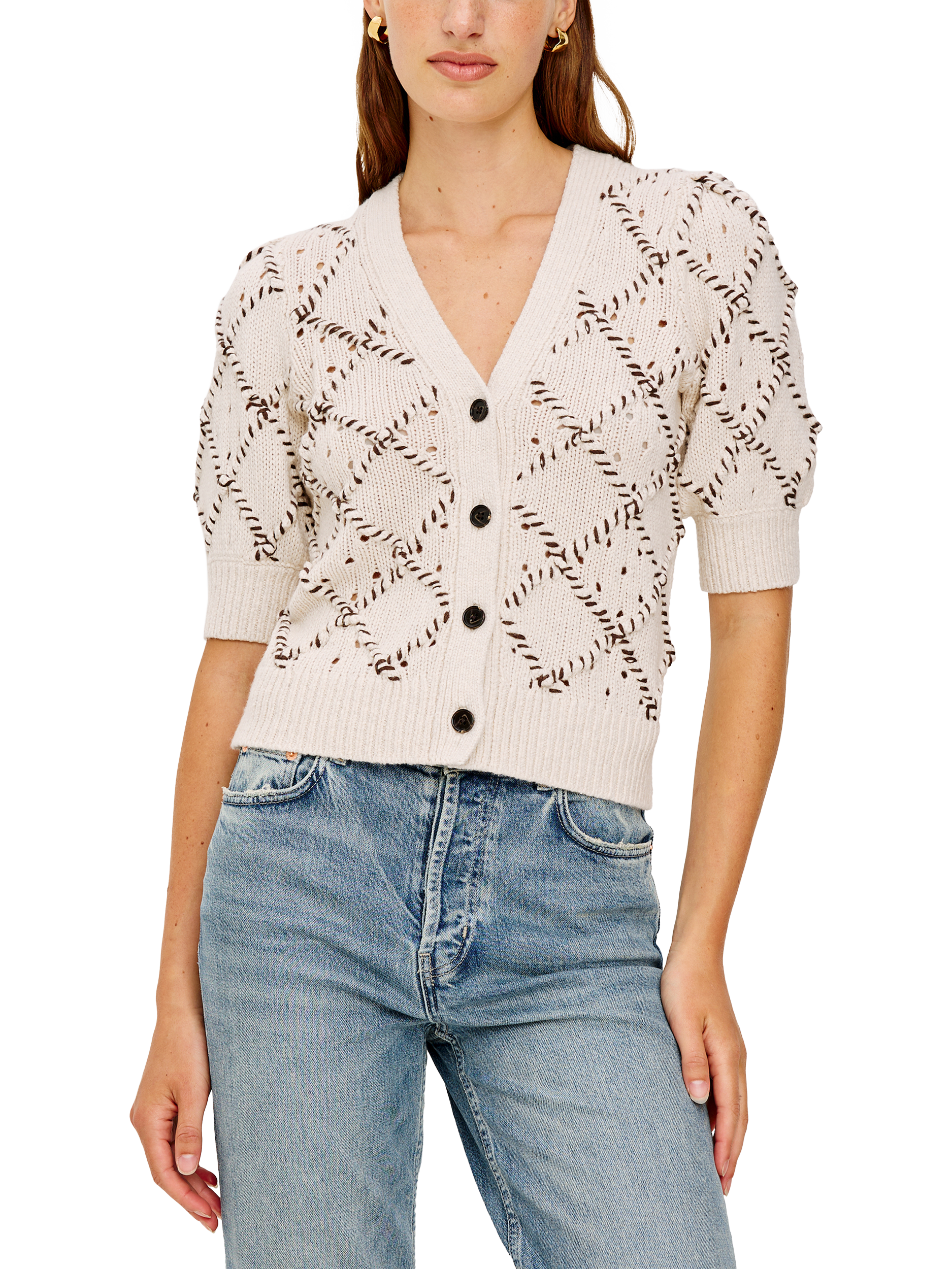Product image 1 of 6, which shows Rails Isla Argyle Short Sleeve Cardigan, Oat, XS