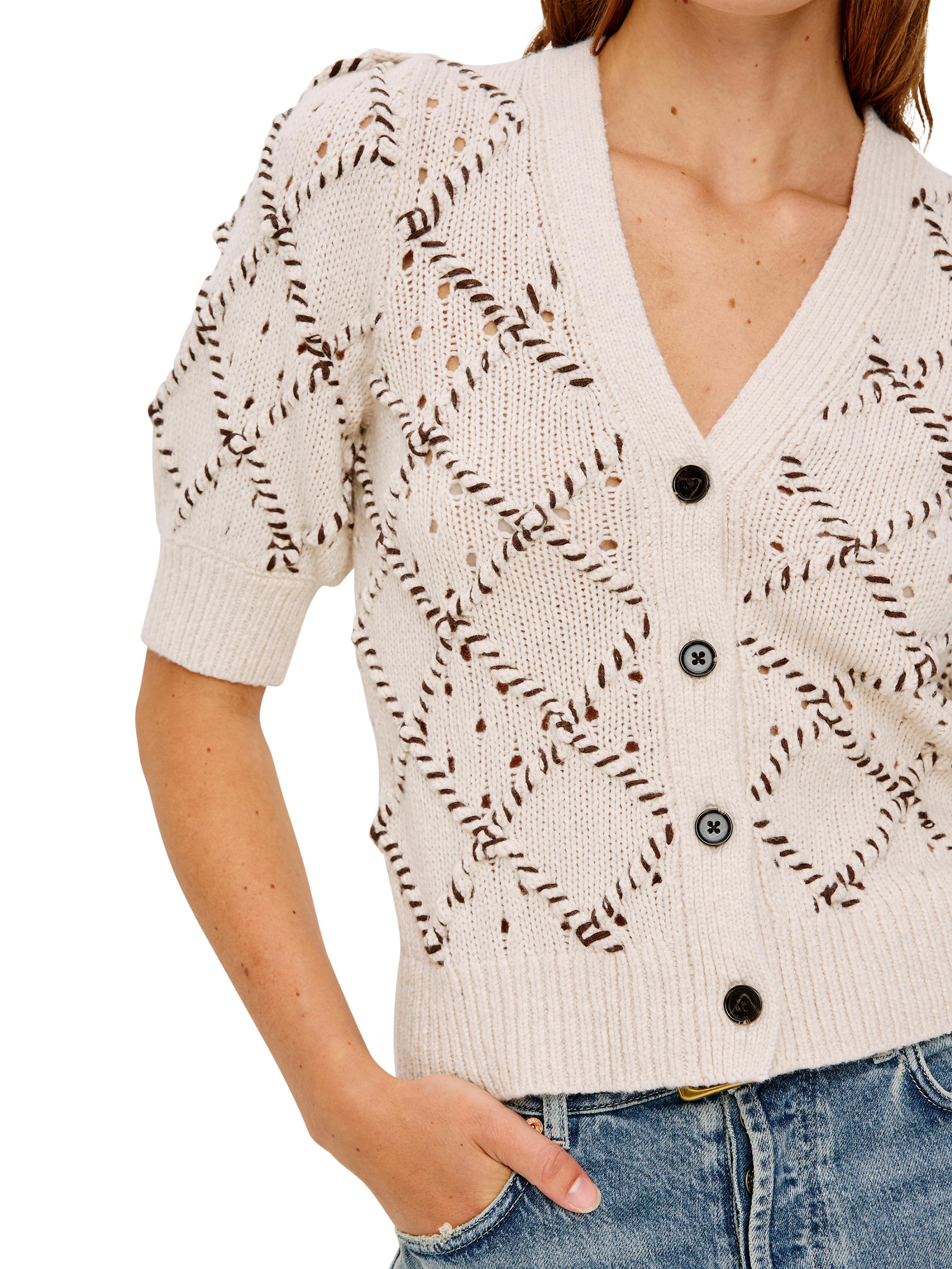 Product image 2 of 6, which shows Rails Isla Argyle Short Sleeve Cardigan, Oat, XS