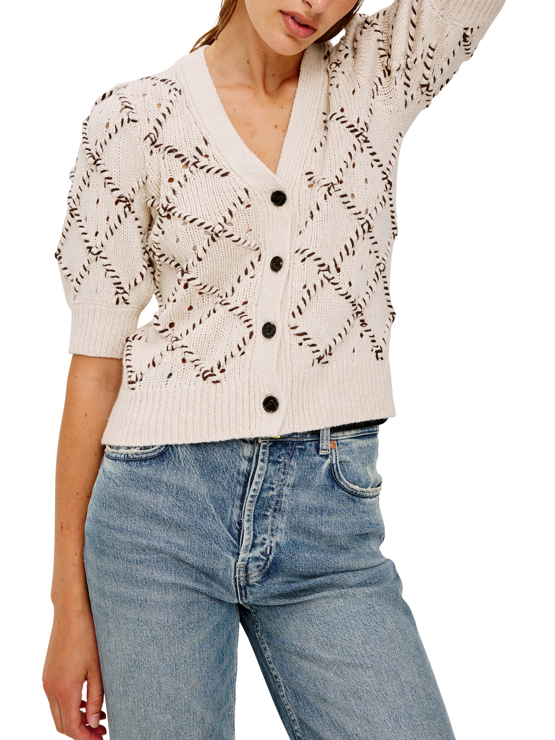 Product image 3 of 6, which shows Rails Isla Argyle Short Sleeve Cardigan, Oat, XS