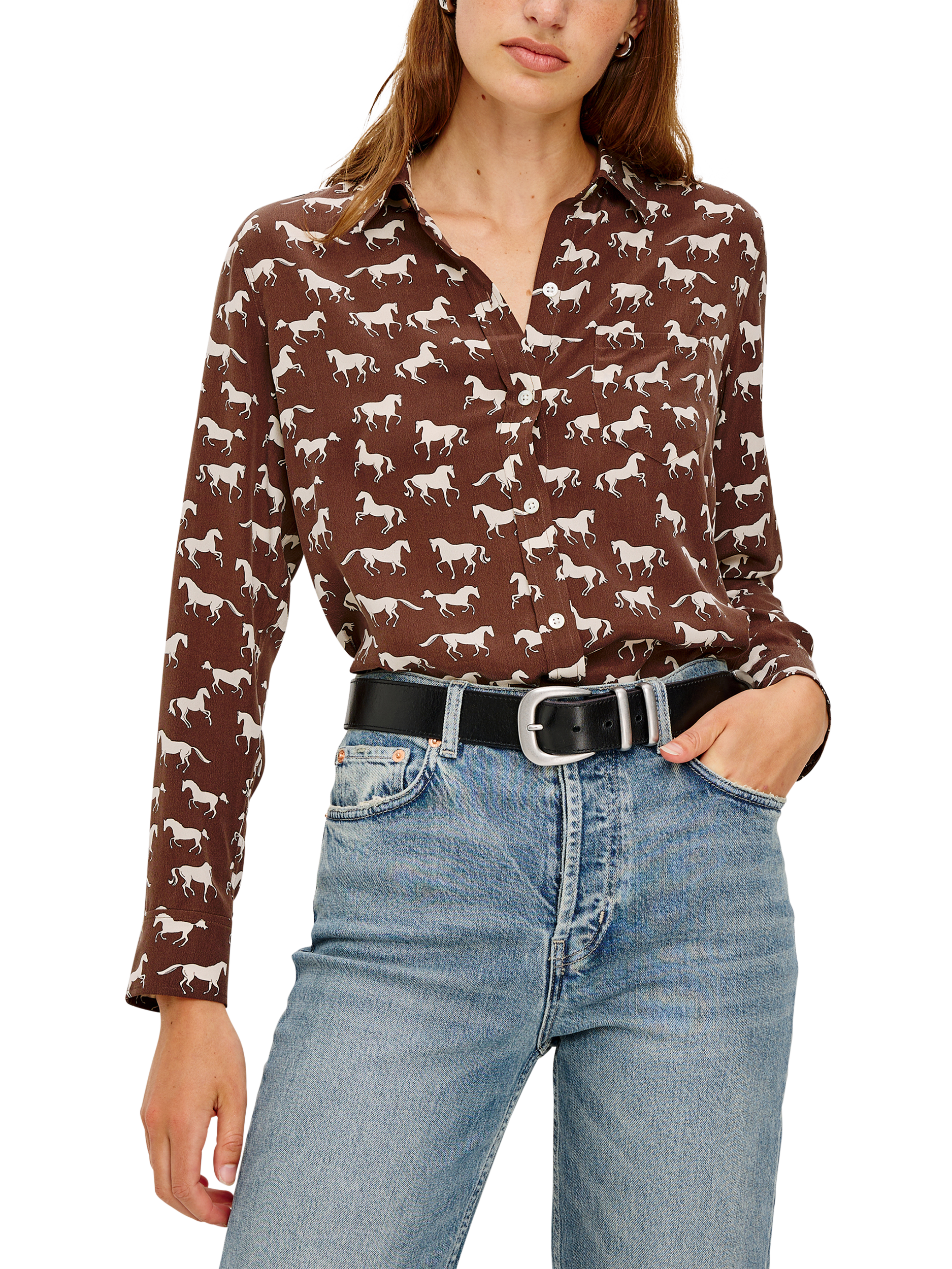 Product image 1 of 9, which shows Rails Kate Horse Print Shirt, Brown/White, L