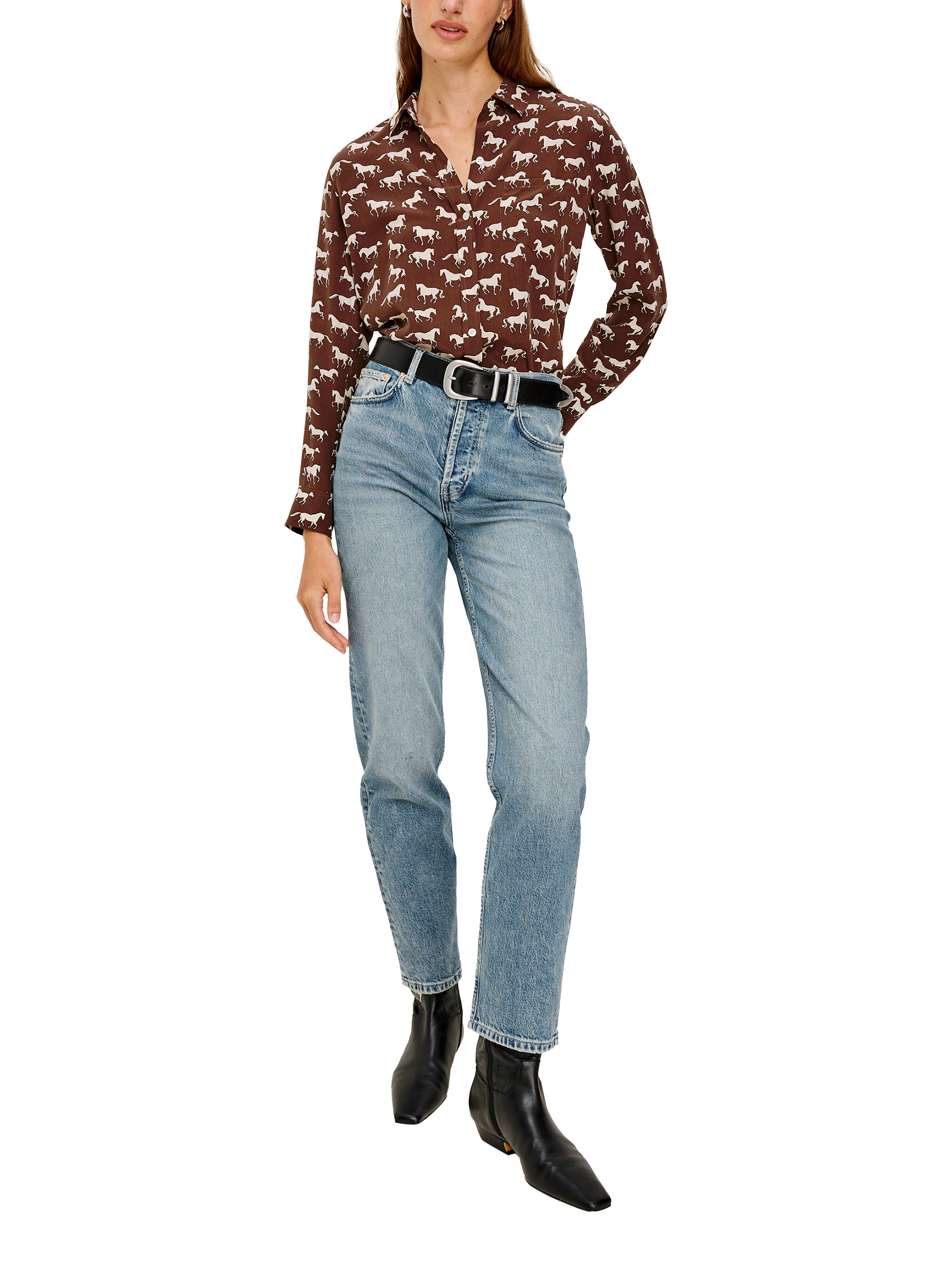 Product image 3 of 9, which shows Rails Kate Horse Print Shirt, Brown/White, L