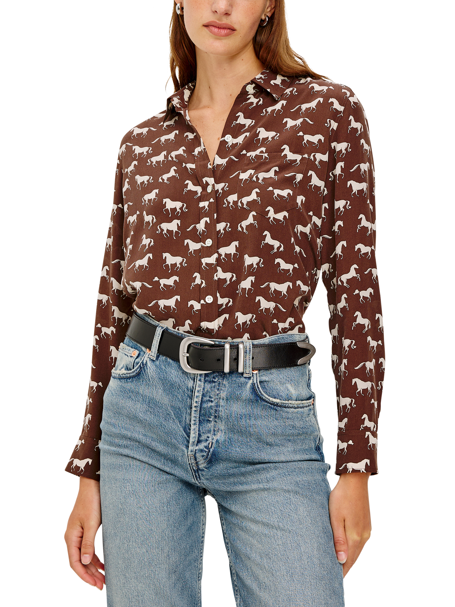 Product image 6 of 9, which shows Rails Kate Horse Print Shirt, Brown/White, L