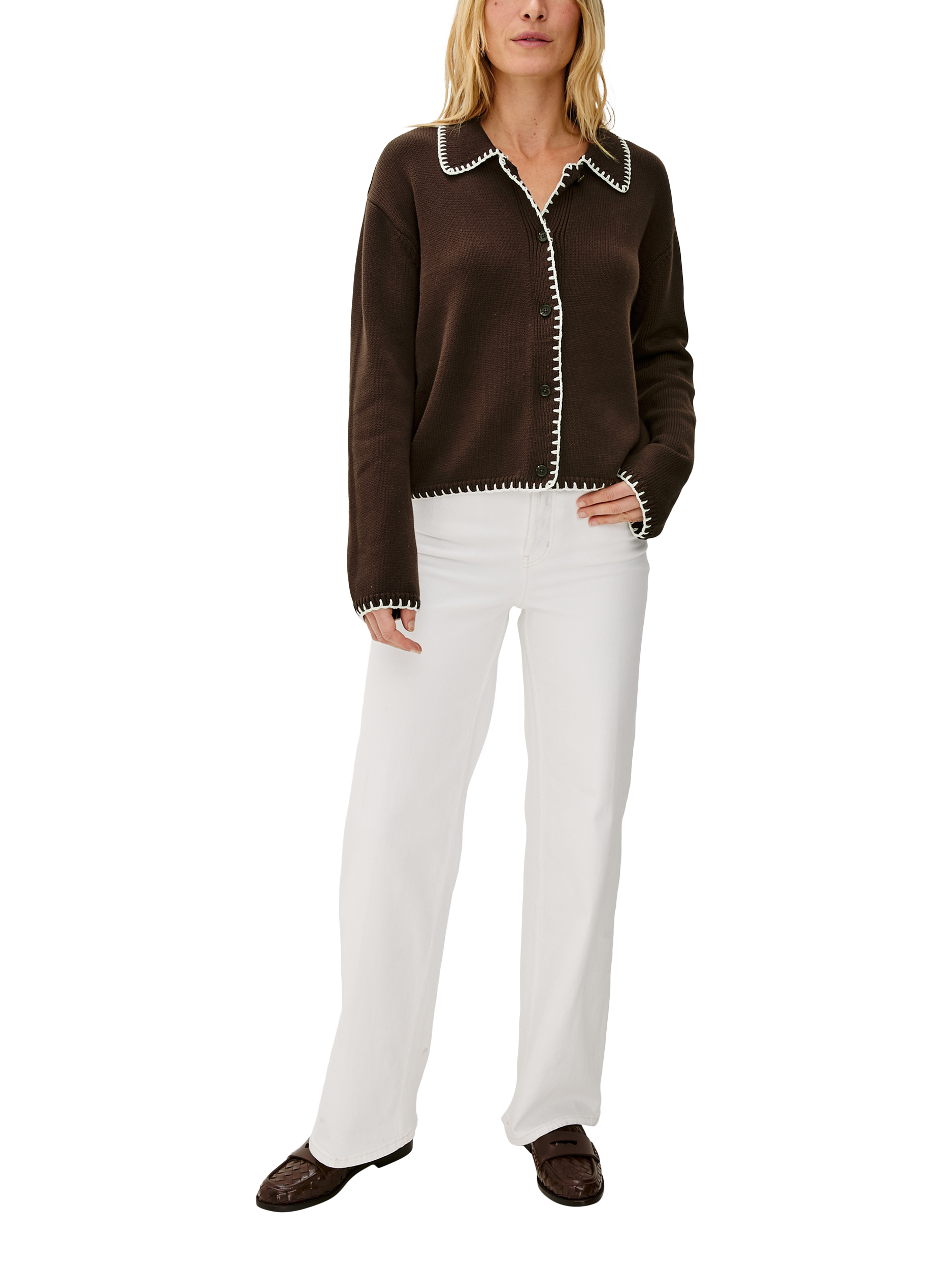 Product image 5 of 6, which shows Rails Rayleen Blanket Stitch Cardigan, Brown/White, XL