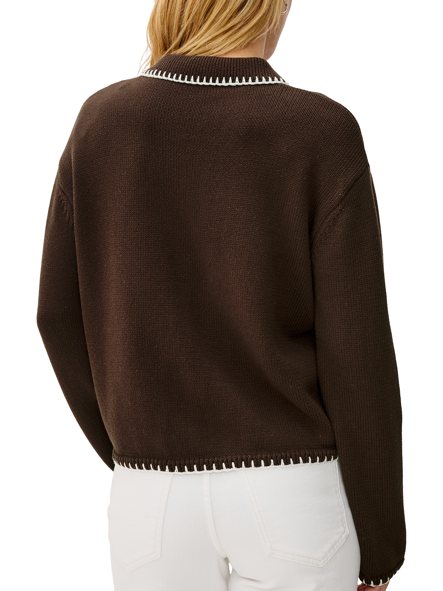 Product image 6 of 6, which shows Rails Rayleen Blanket Stitch Cardigan, Brown/White, XL