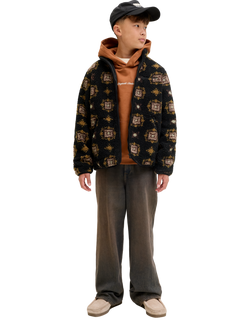 Jack & Jones Kids' Teddy High Neck Zipped Jacket, Black/Multi, Black/Multi