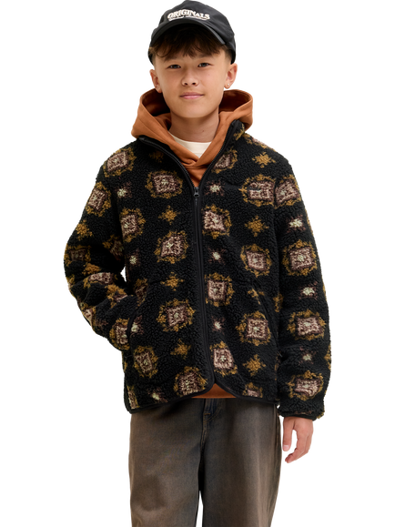Jack & Jones Kids' Teddy High Neck Zipped Jacket, Black/Multi - view 2, Black/Multi