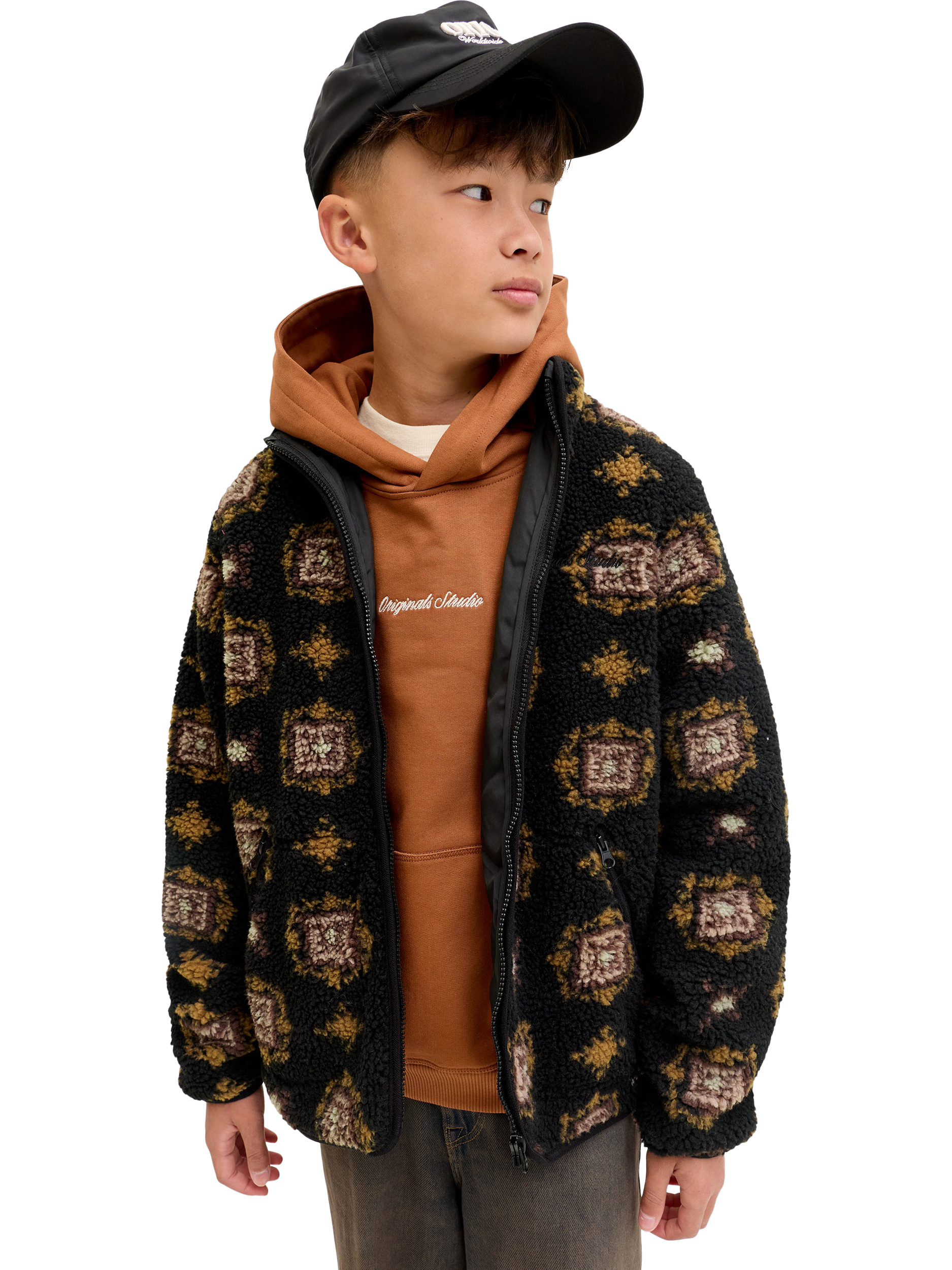 Product image 3 of 7, which shows Jack & Jones Kids' Teddy High Neck Zipped Jacket, Black/Multi, 8 years