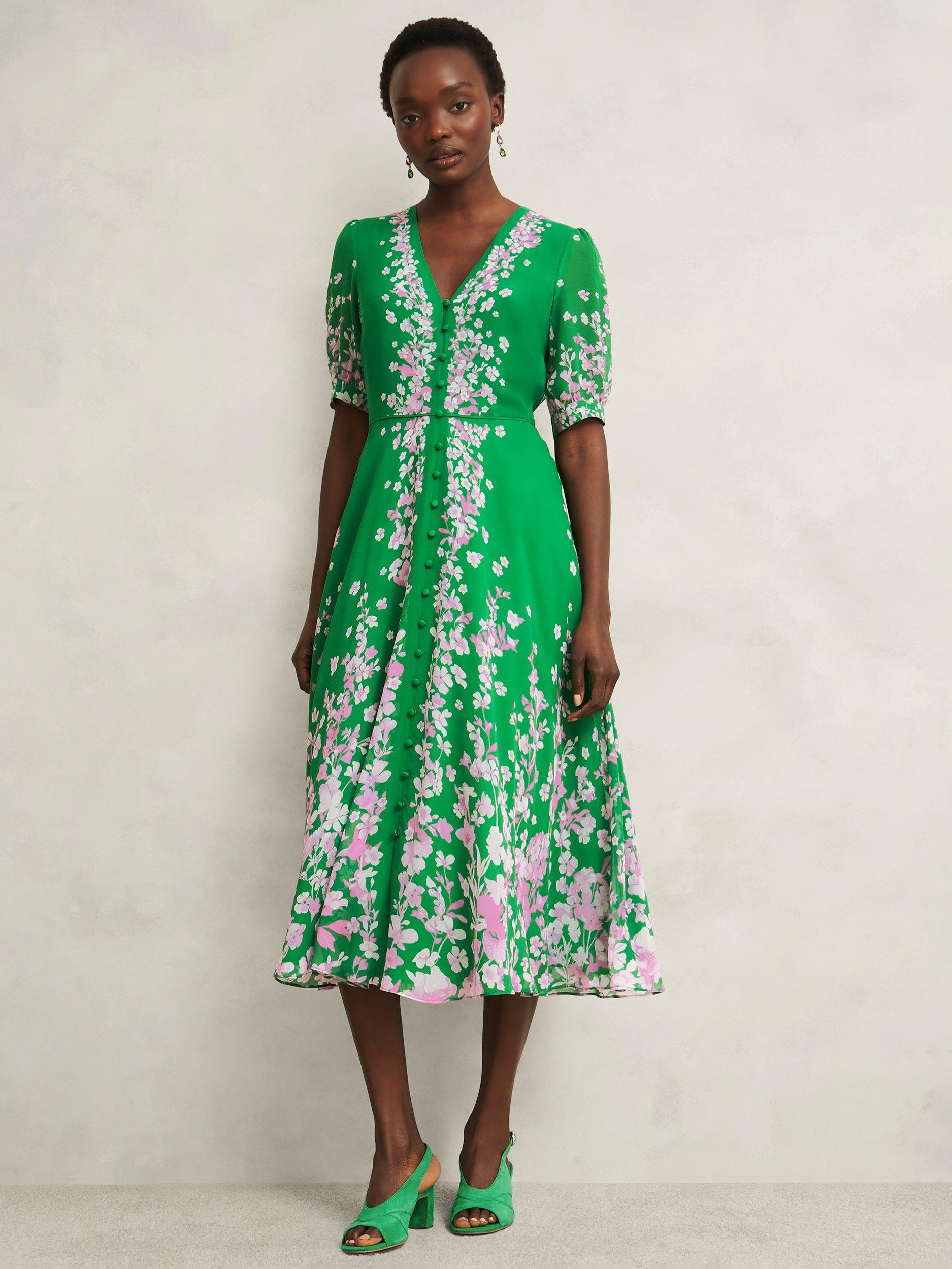 Product image 1 of 6, which shows Hobbs Petite Ana Floral Pure Silk Dress, Green/Pink, 10