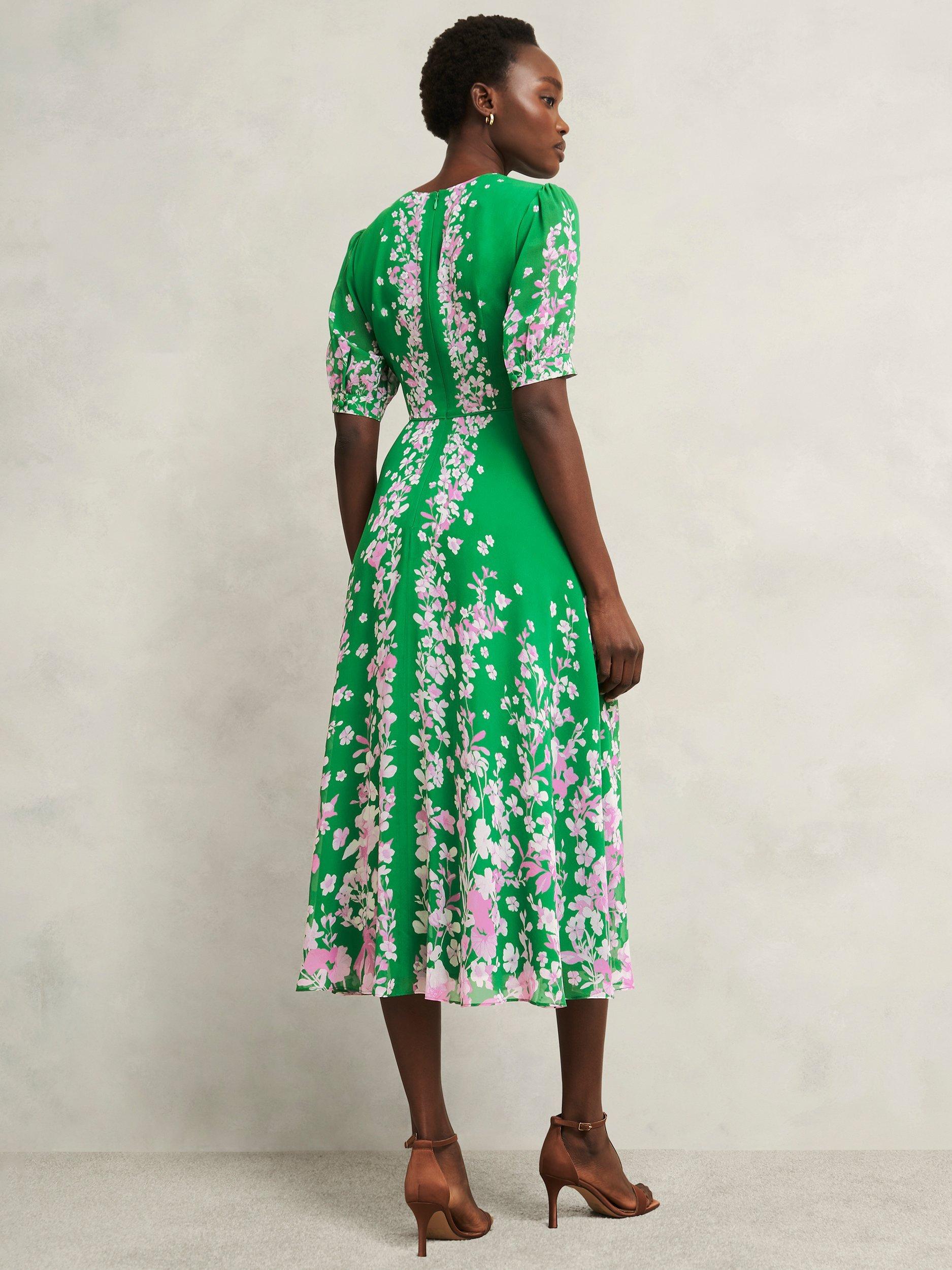 Product image 2 of 6, which shows Hobbs Petite Ana Floral Pure Silk Dress, Green/Pink, 10