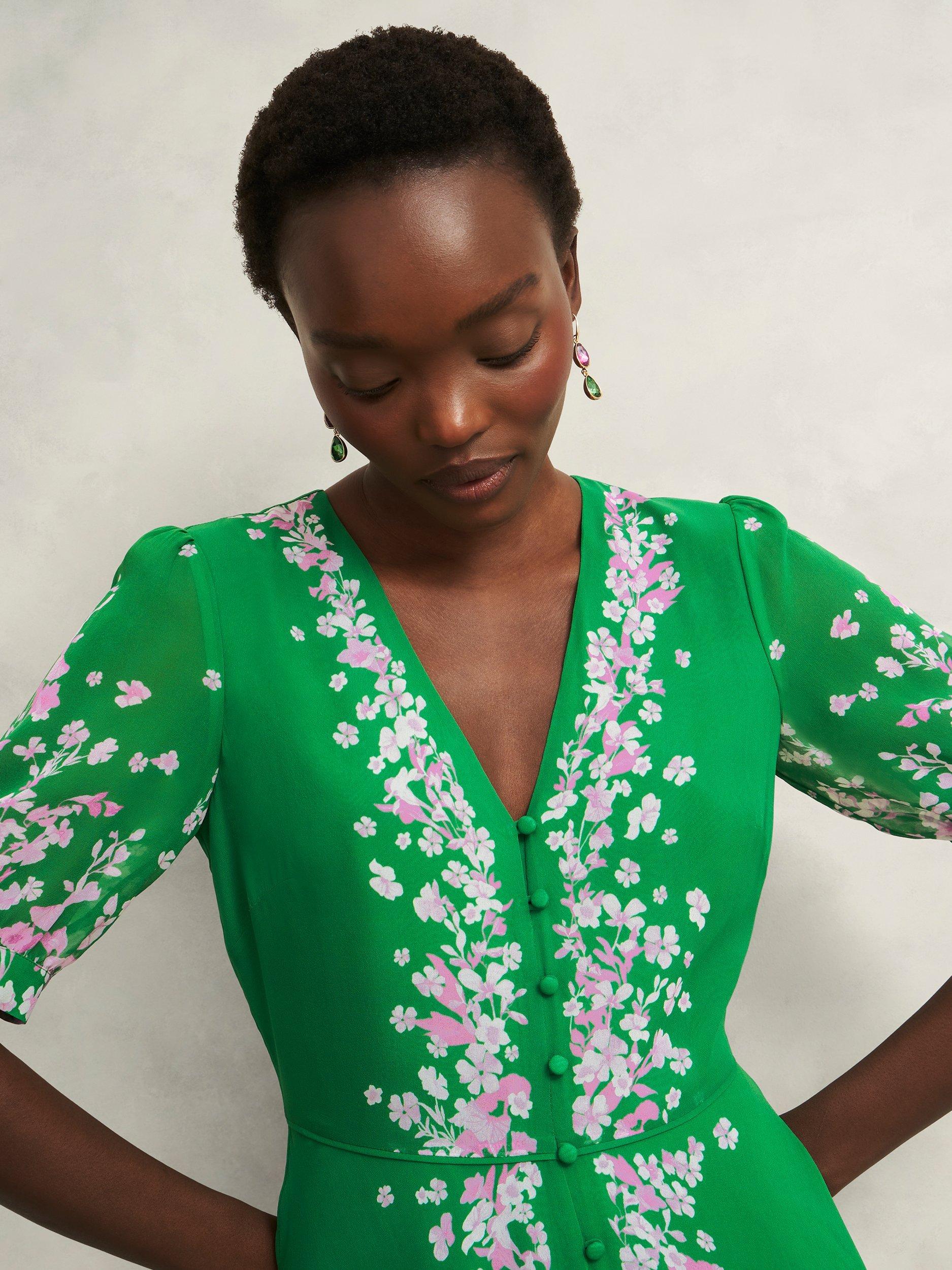 Product image 3 of 6, which shows Hobbs Petite Ana Floral Pure Silk Dress, Green/Pink, 10
