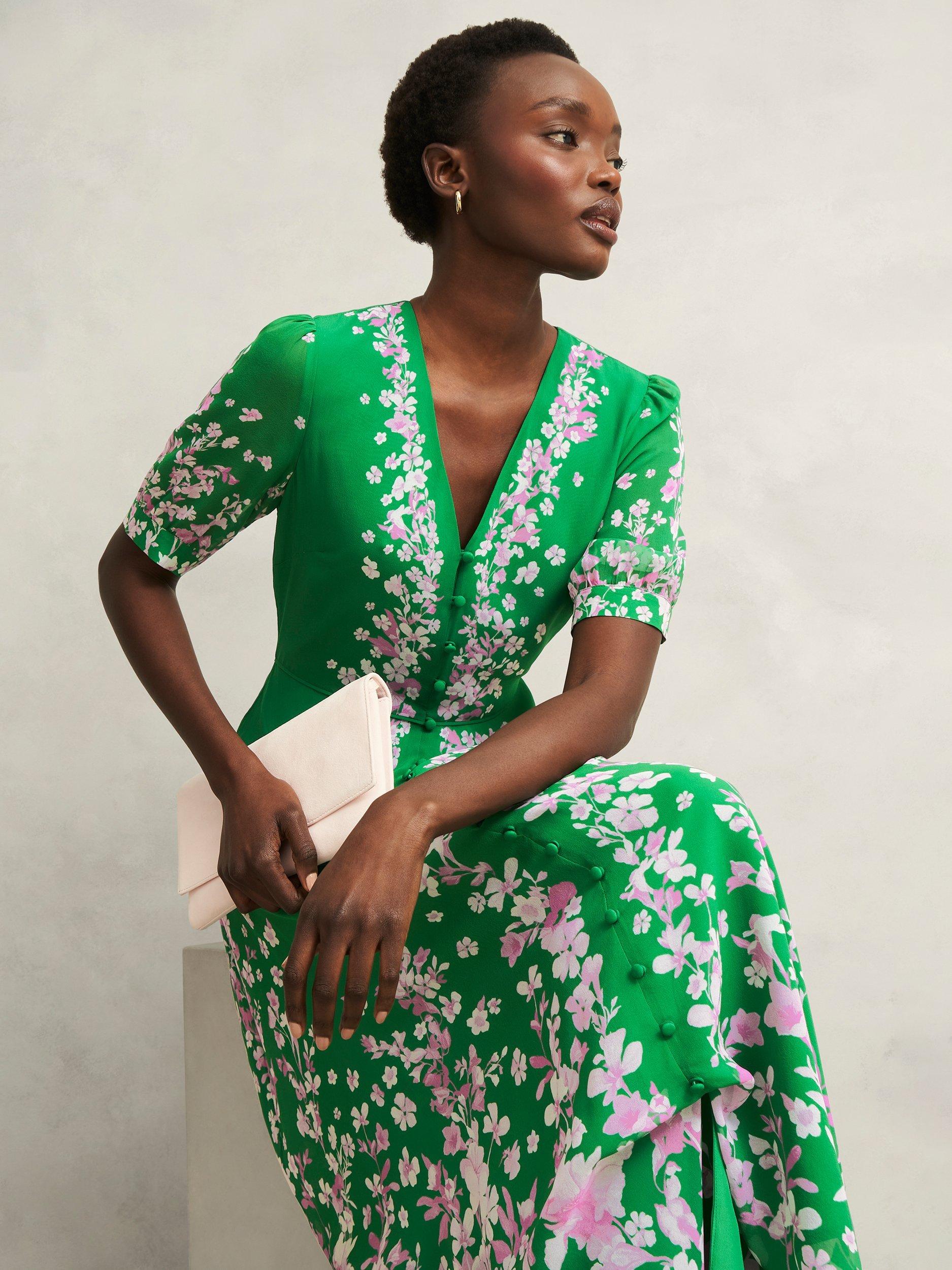 Product image 5 of 6, which shows Hobbs Petite Ana Floral Pure Silk Dress, Green/Pink, 10