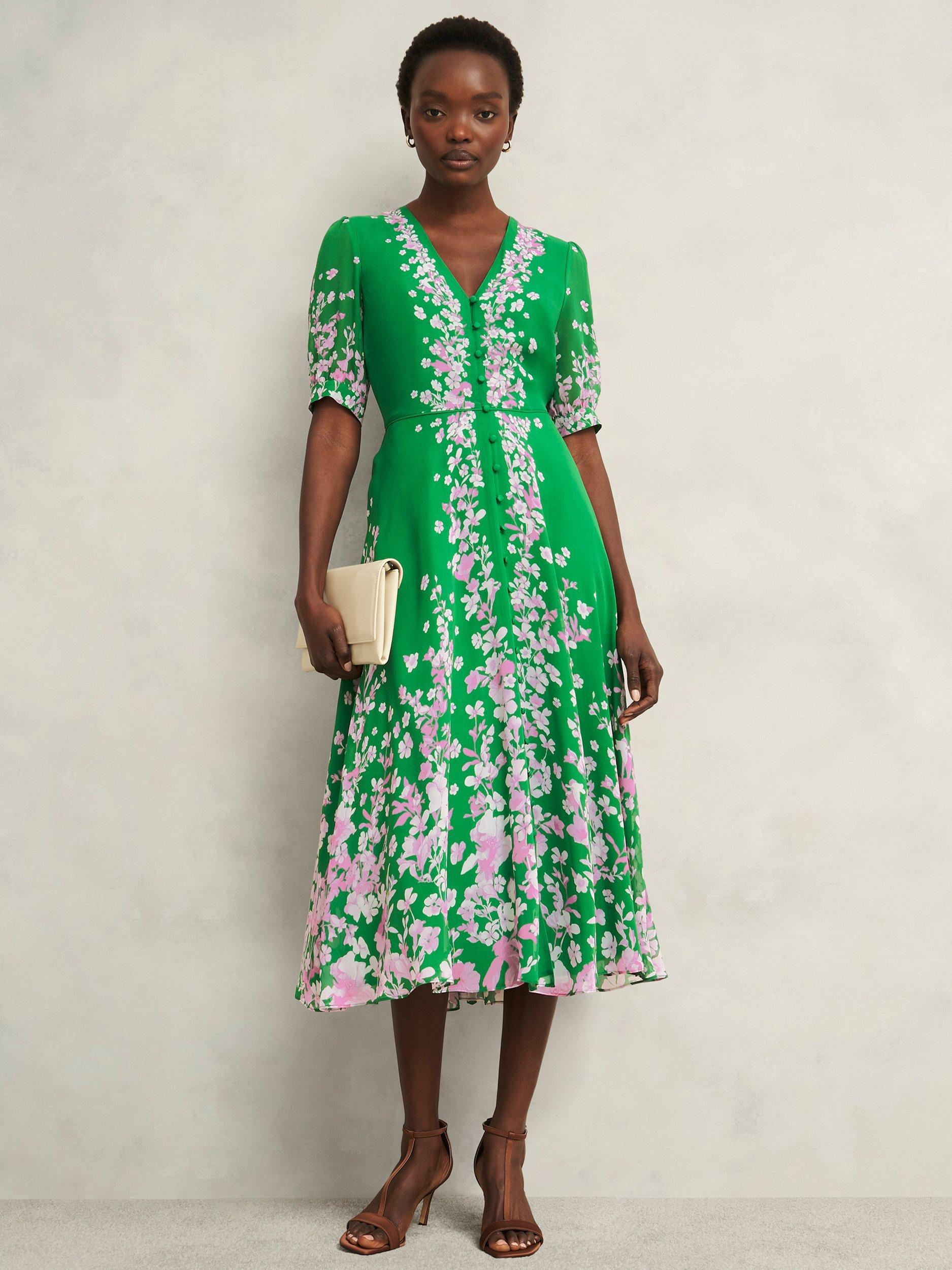Product image 6 of 6, which shows Hobbs Petite Ana Floral Pure Silk Dress, Green/Pink, 10