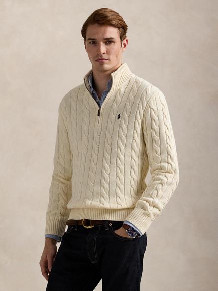 Polo Ralph Lauren Chunky Cable Knit Quarter Zip Cotton Sweater, Moss Agate Combo, Andover Cream