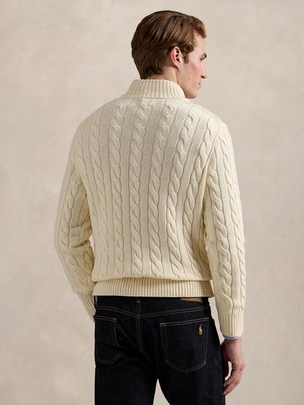 Polo Ralph Lauren Chunky Cable Knit Quarter Zip Cotton Sweater, Moss Agate Combo - view 2, Andover Cream
