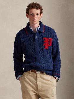 Polo Ralph Lauren Cable Knit Logo Stitch Jumper, Midnight Navy Combo, Company Olive/C9760