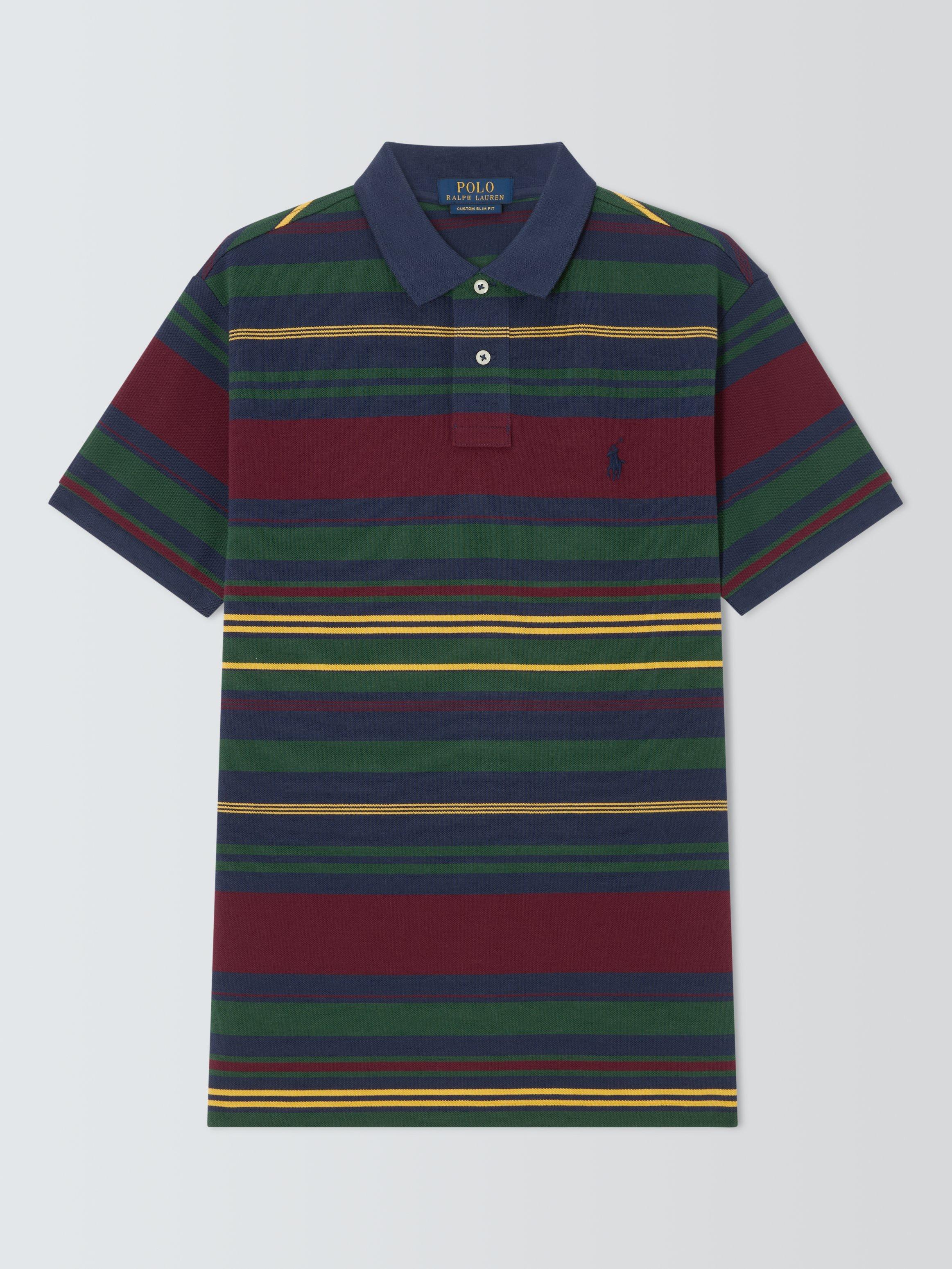 Product image 1 of 1, which shows Polo Ralph Lauren Cotton Custom Slim Fit Short Sleeve Striped Polo Shirt, Soft Royal Heather, S