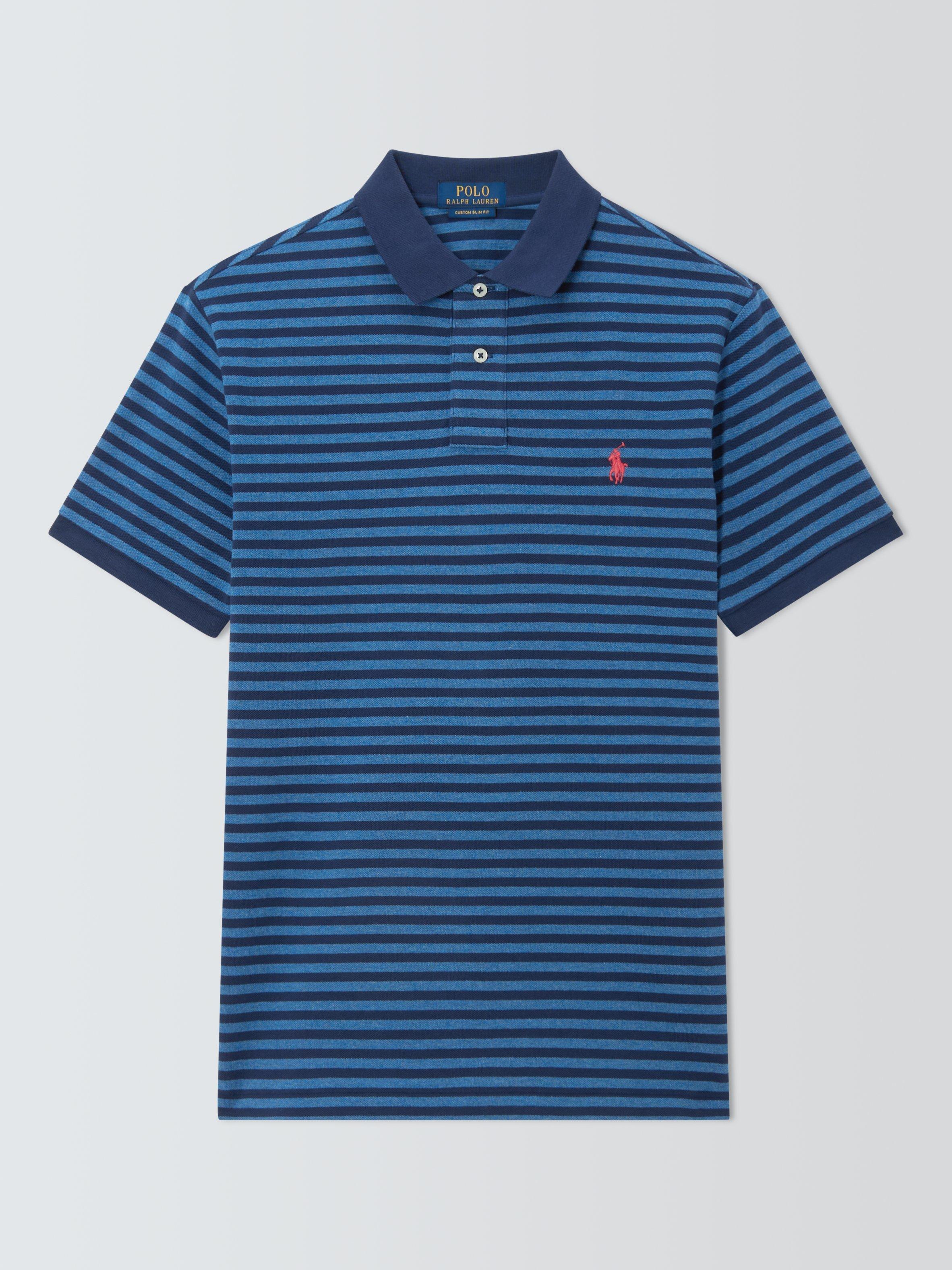 Product image 1 of 1, which shows Polo Ralph Lauren Cotton Custom Slim Fit Short Sleeve Striped Polo Shirt, Wine Heather, S