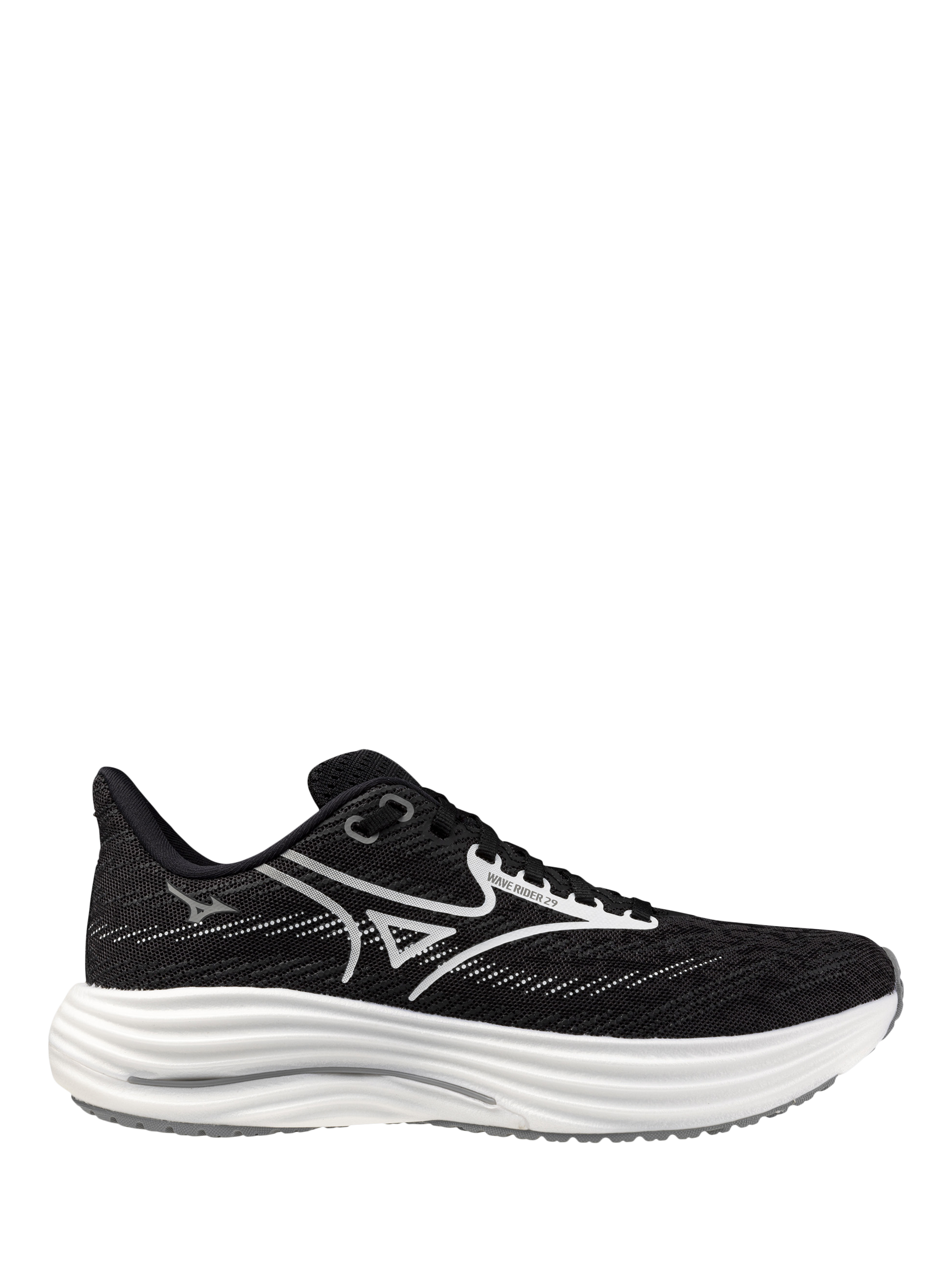 Product image 1 of 10, which shows Mizuno Wave Rider 29 Running Shoes, Black Sand/White, 4
