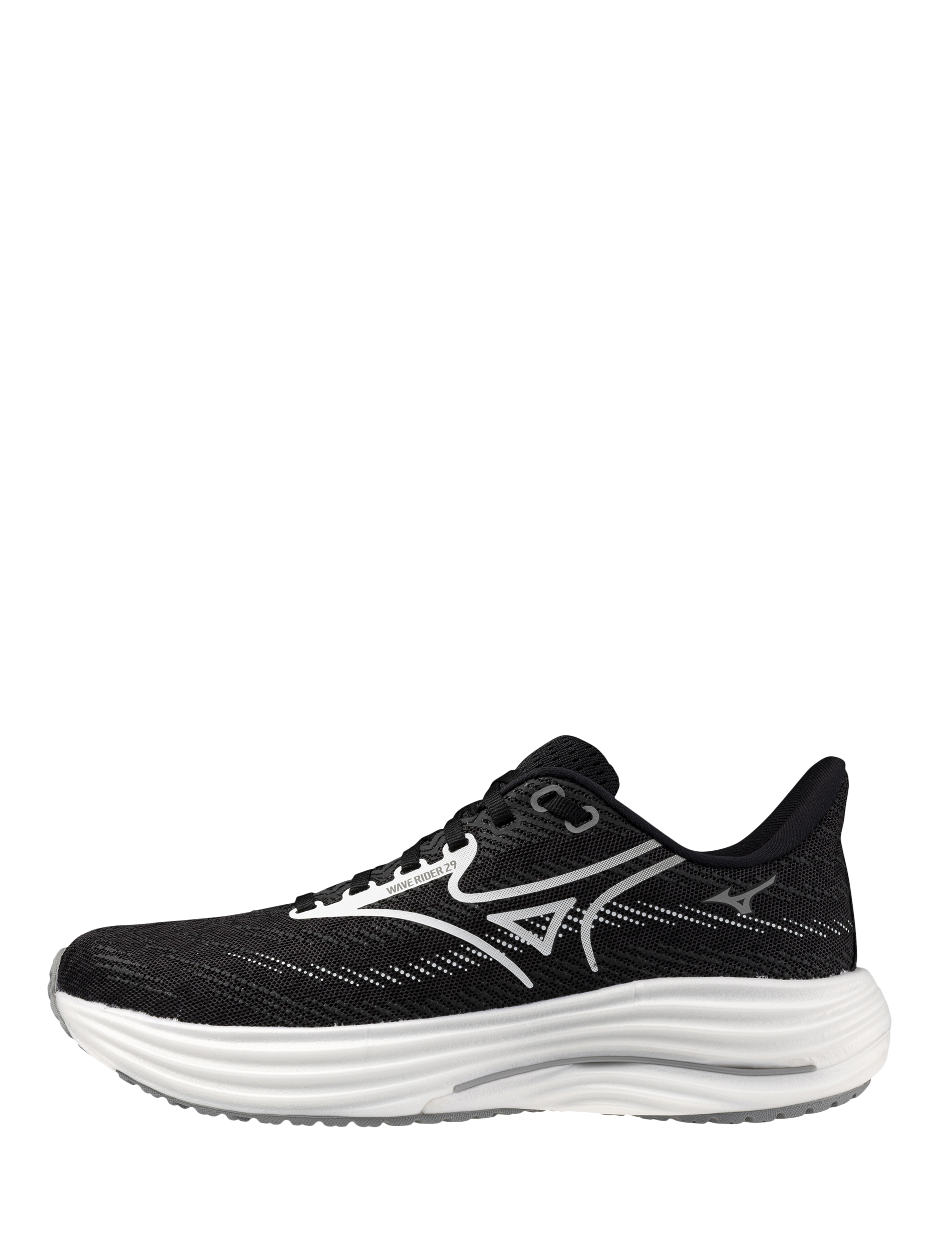 Product image 9 of 10, which shows Mizuno Wave Rider 29 Running Shoes, Black Sand/White, 4