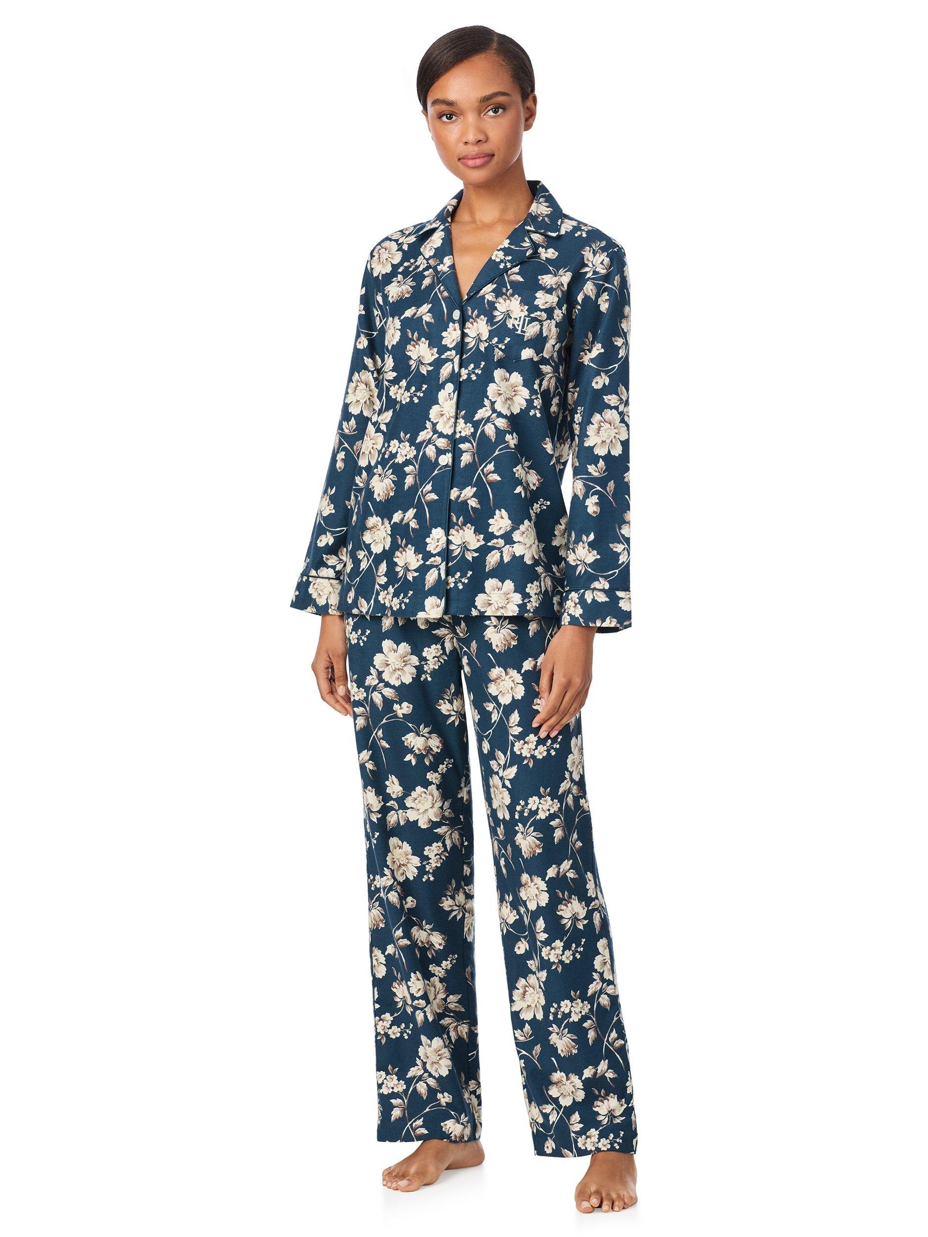 Product image 1 of 3, which shows Lauren Ralph Lauren Floral Button Through Long Pyjama Set , Blue, S