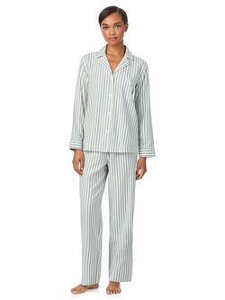 Lauren Ralph Lauren Stripe Brushed Twill Button Through Long Pyjama Set, Blue, Blue