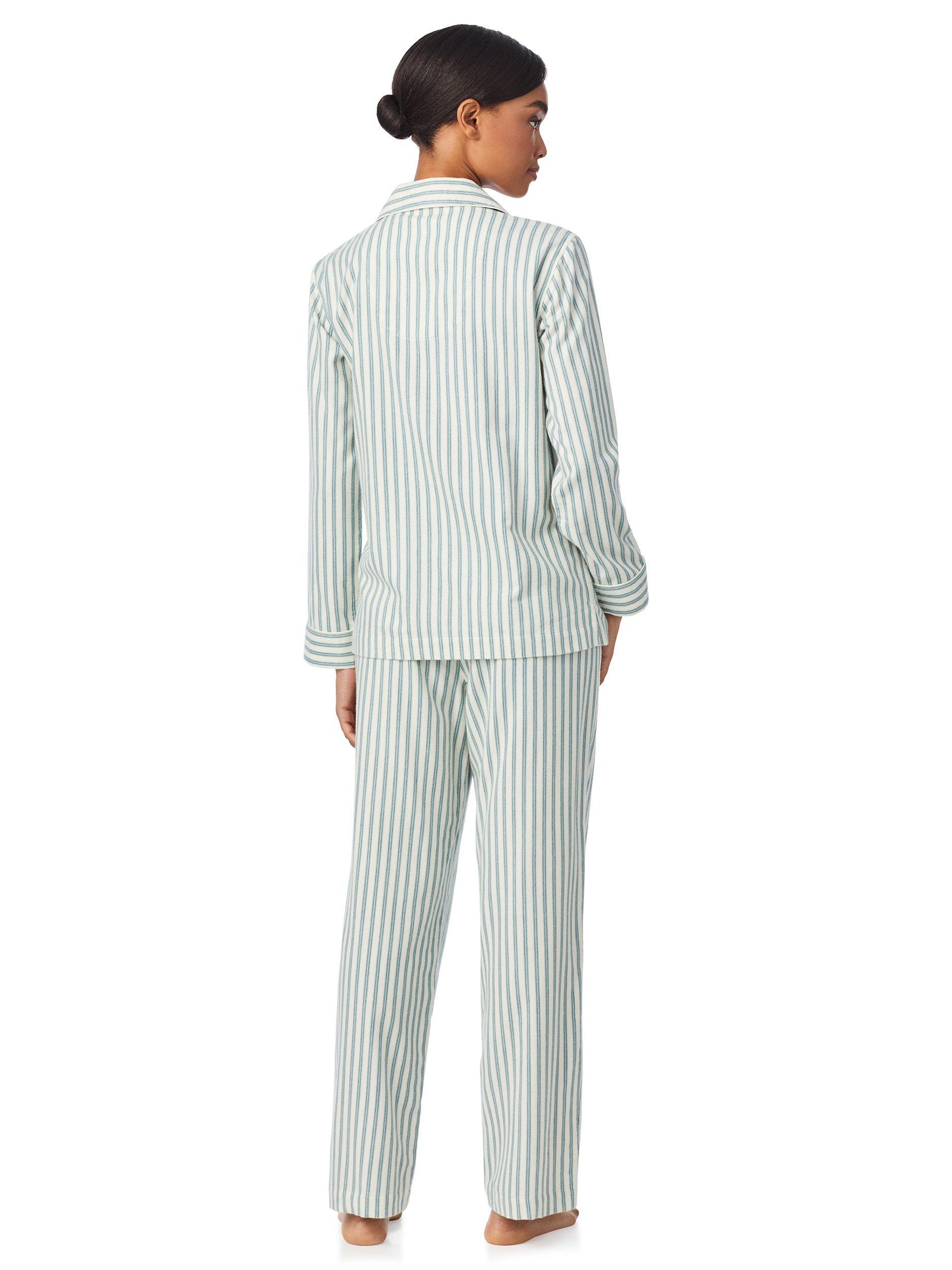 Product image 2 of 3, which shows Lauren Ralph Lauren Stripe Brushed Twill Button Through Long Pyjama Set, Blue, M