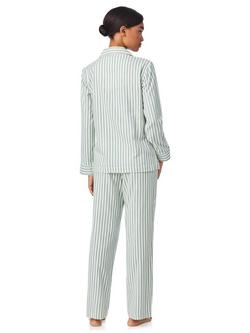 Lauren Ralph Lauren Stripe Brushed Twill Button Through Long Pyjama Set, Blue - view 2, Blue