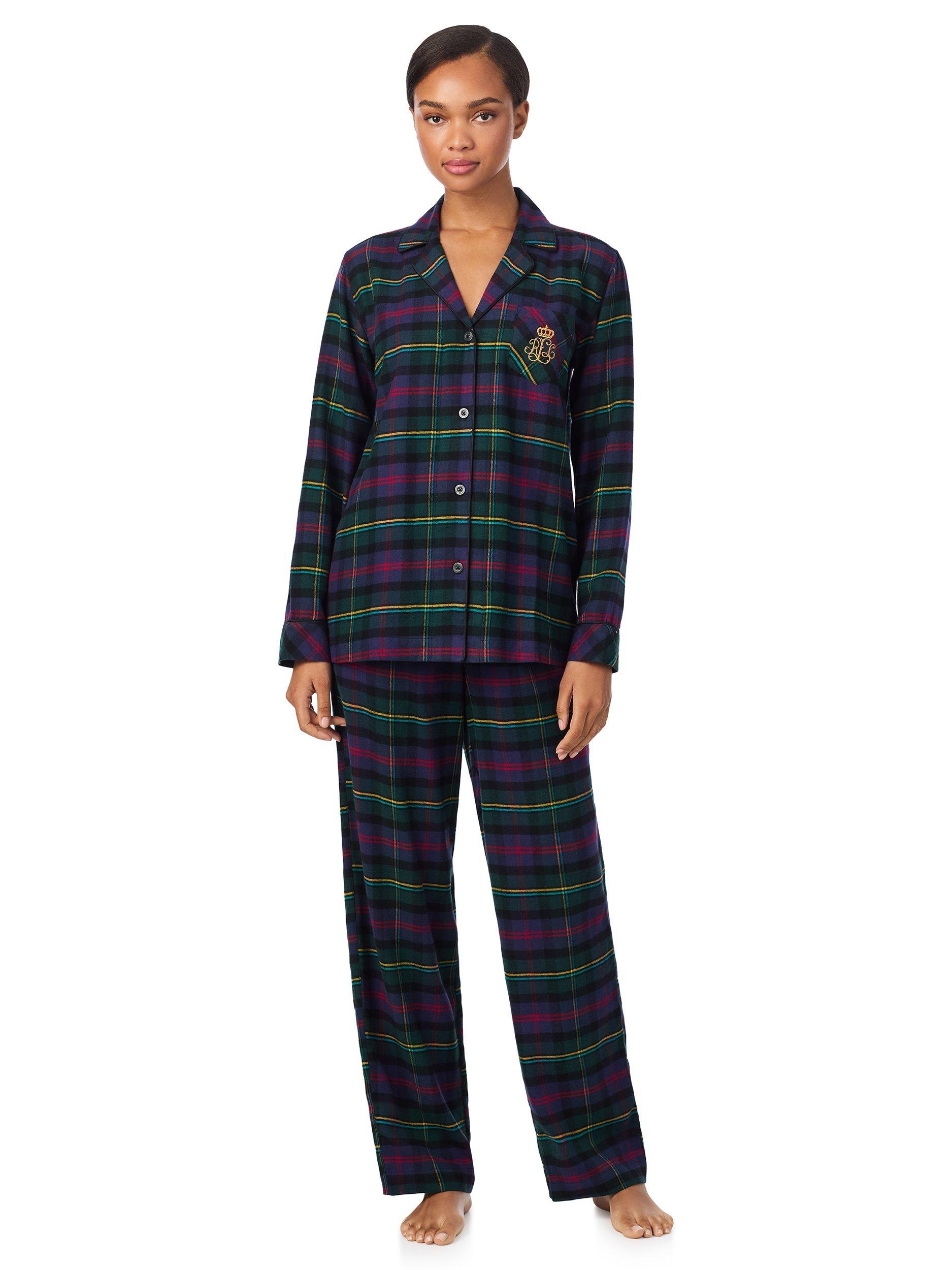 Product image 1 of 4, which shows Lauren Ralph Lauren Brushed Twill Plaid Check Button Through Long Pyjama Set, Multi, M